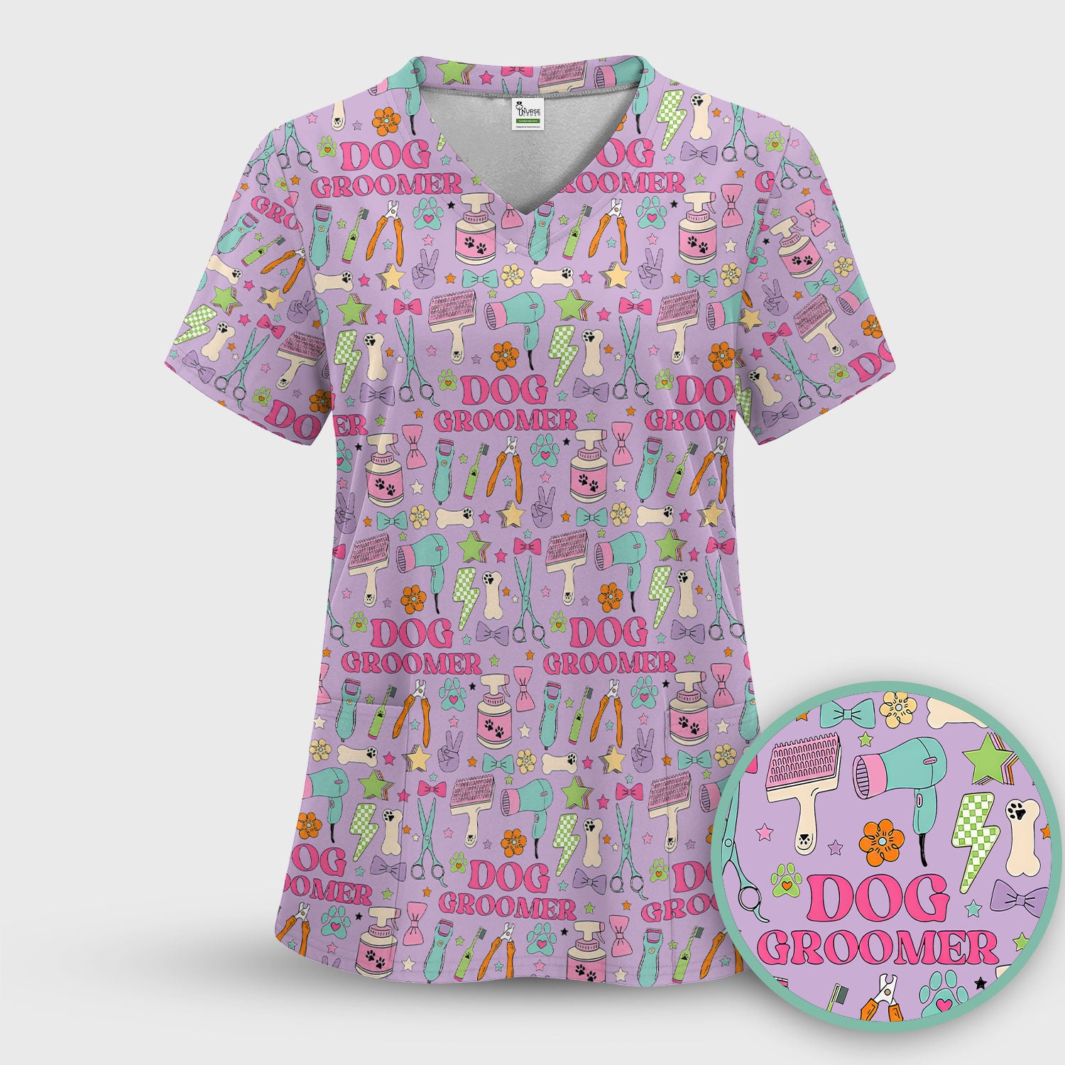 Dog Groomer Tools Pattern Nursing Scrub Top, Comfortable Scrubs for Nurses