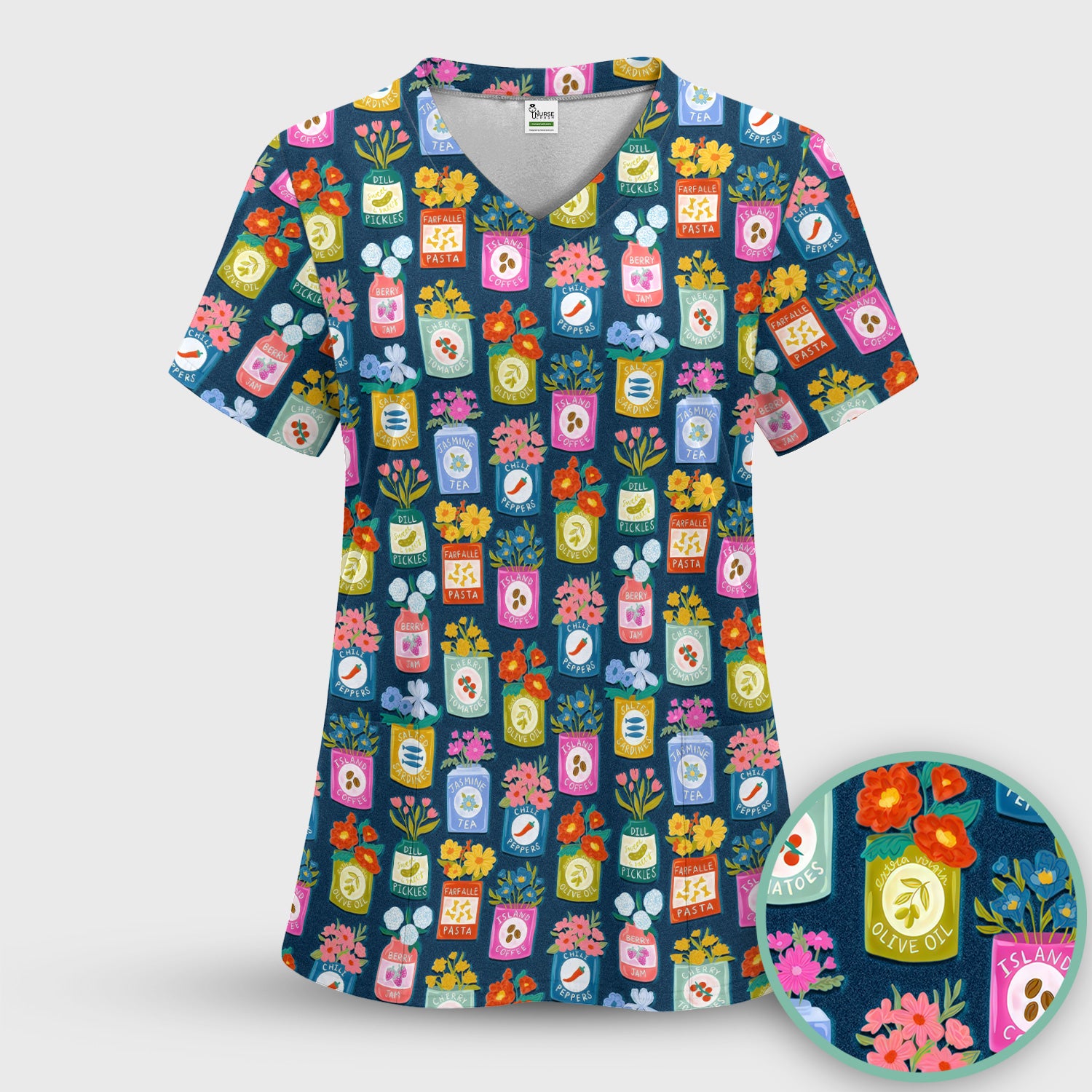 Colorful Pantry Jars Flowers Pattern Scrubs Sets, Scrub Pants and V Neck Top