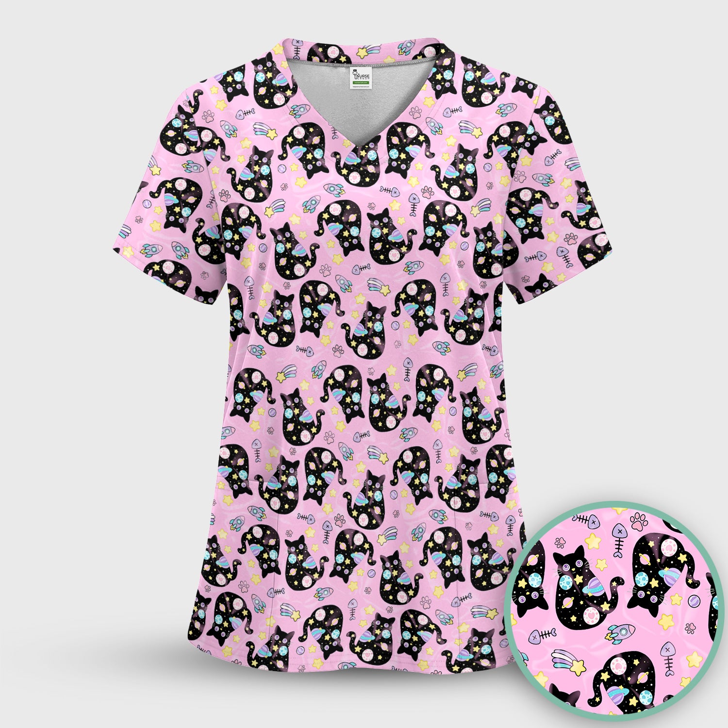 Galaxy Black Cat Space Pattern Scrub Top, Breathable Fabrics Nursing Uniform