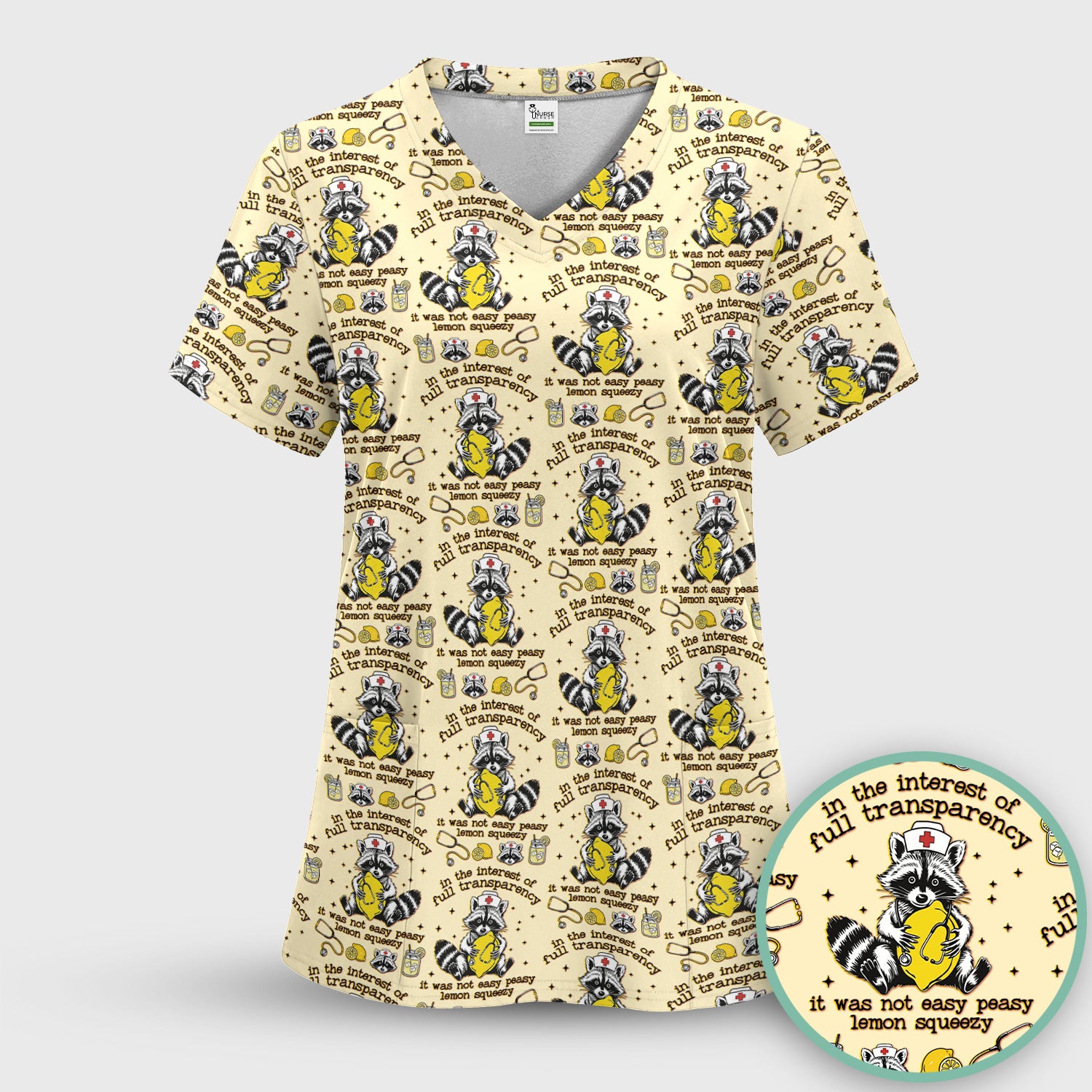 Raccoon Lemon Quote Medical Humor Pattern Scrub Top, Breathable Fabrics Nursing Uniform