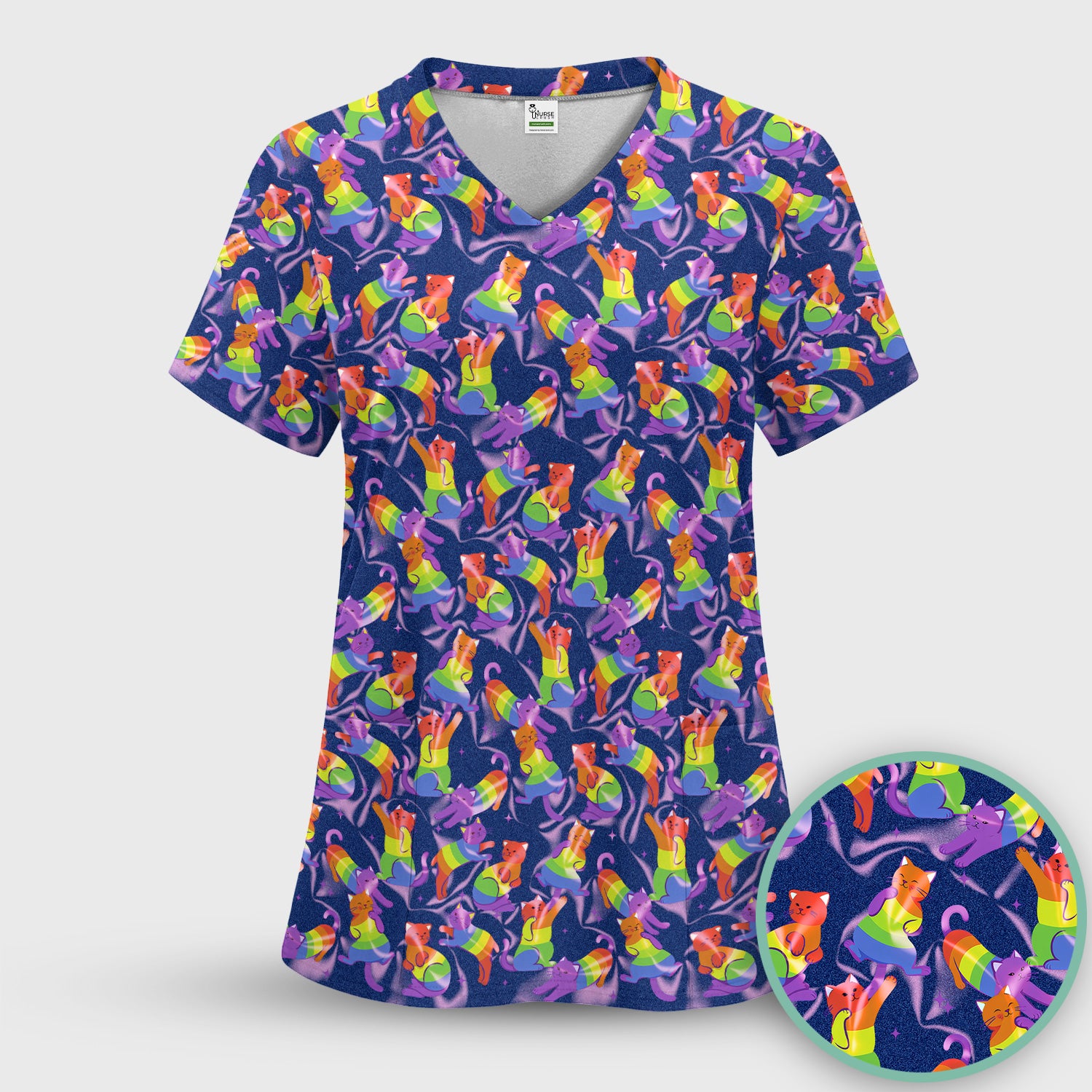 Rainbow Pride Cat Pattern Scrub Top, Breathable Fabrics Nursing Uniform