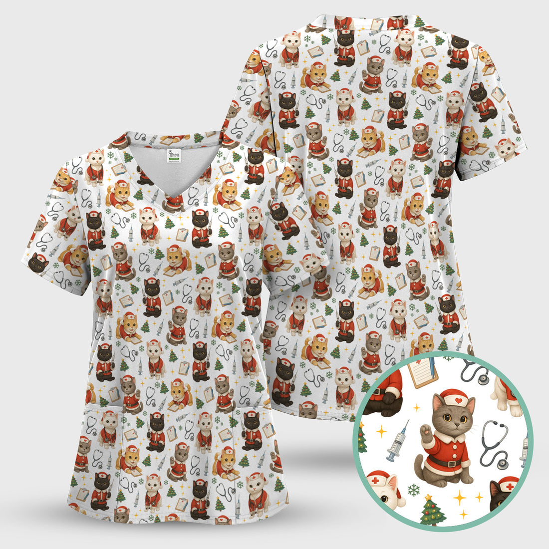 Funny Nurse Scrub Top for Women - Christmas Lucky Cat Design - Cute Holiday Nursing Shirt Gift for RN LPN CNA
