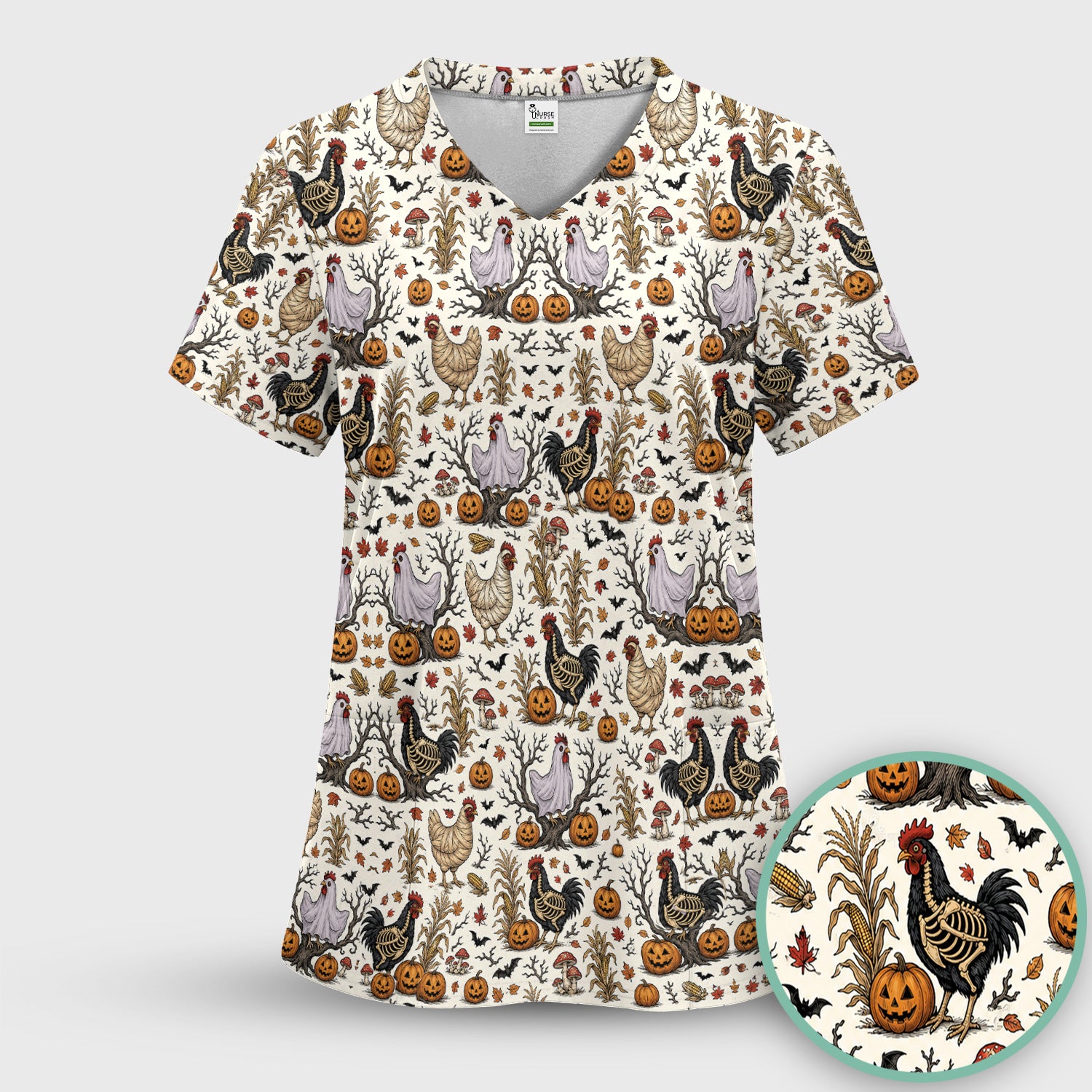 Halloween Skeleton Chickens Pattern Scrub Set, Scrub Pants and V Neck Top