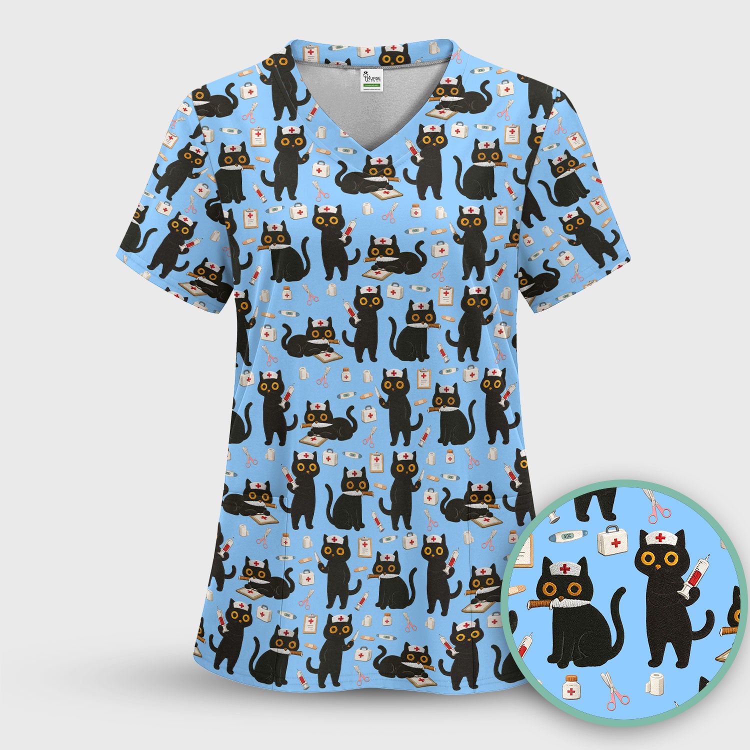 Cute Black Cat Nurse Pattern Women's Scrub Set, Breathable Med Uniform