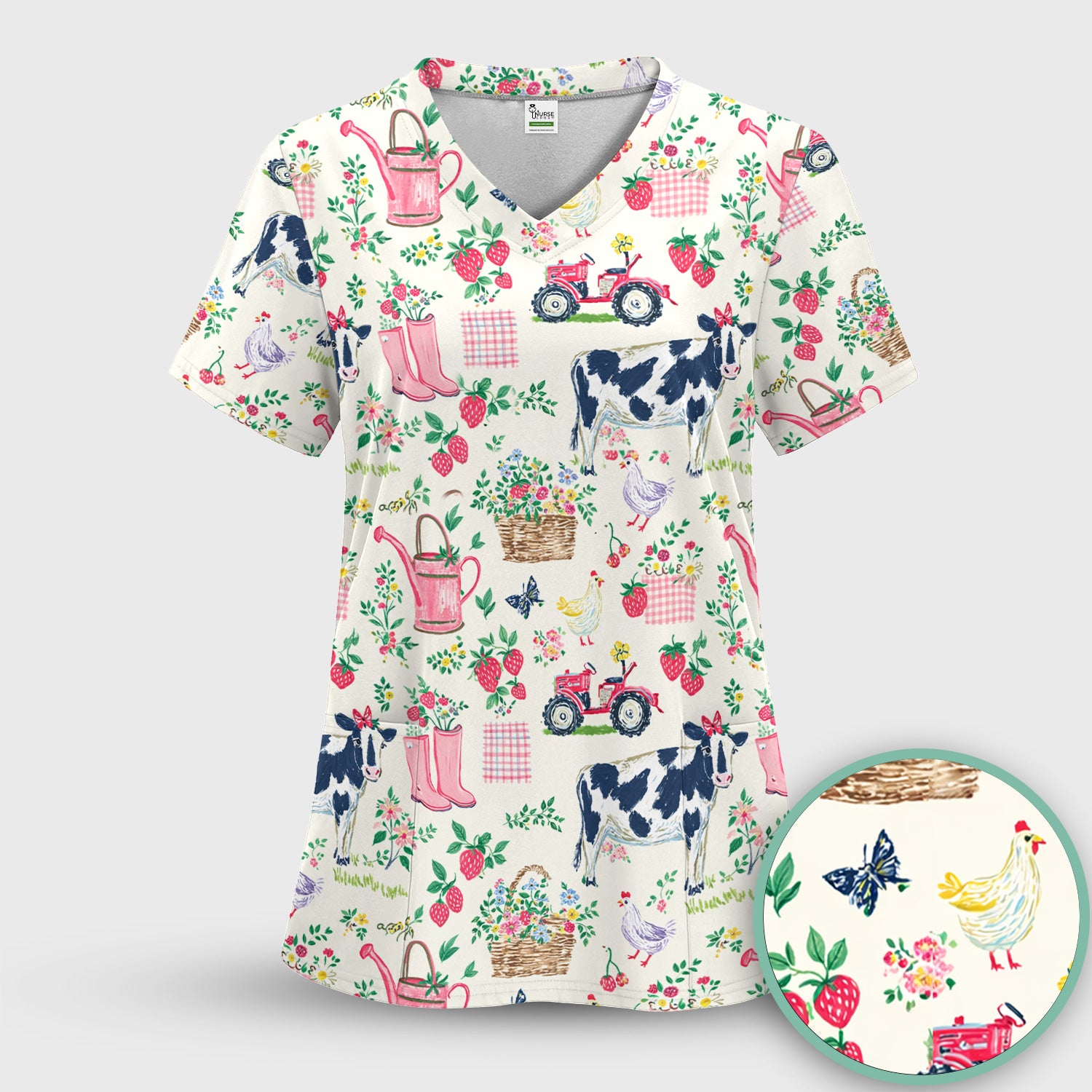 Strawberry Cow Country Style Scrub Top, Comfortable Scrubs for Nurses