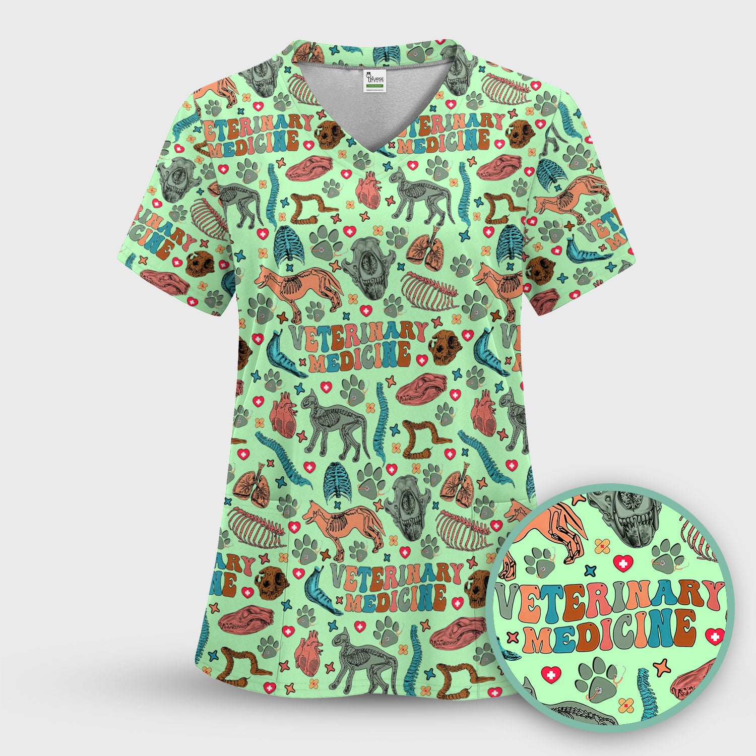 Vet Tech Scrub Top - Veterinary Medicine Pattern - Animal Medical Uniform for Women Nurse Gift