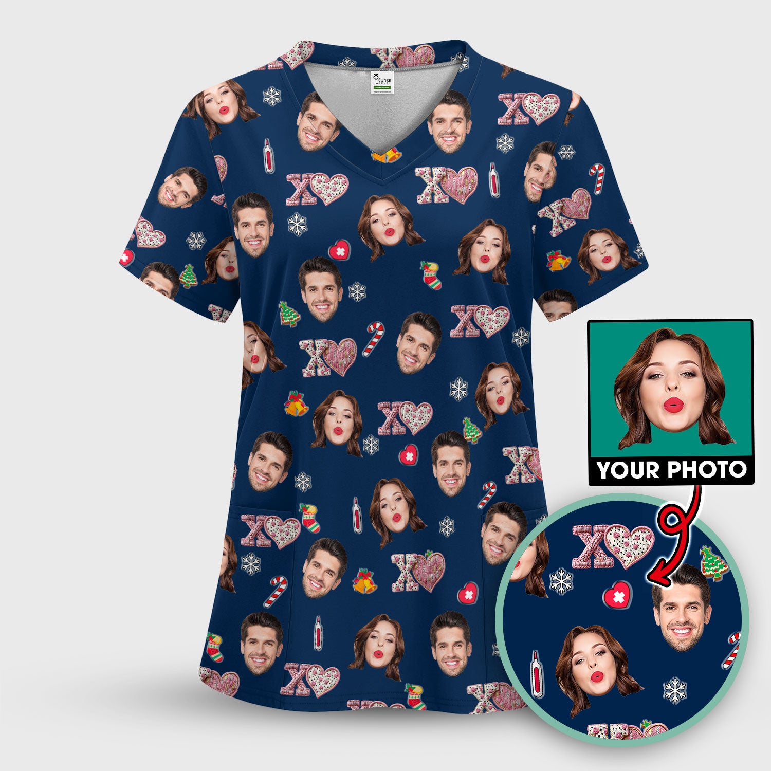 Custom Face Pattern XOXO Scrub Shirt, Personalized Photo Scrub Top, Breathable Fabrics Nursing Uniform