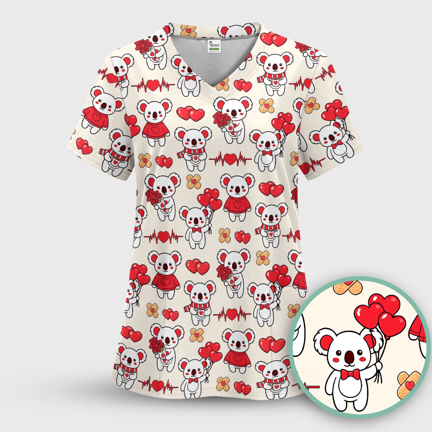 Sweet Koala Valentine Medical Design Scrub Set, Breathable Med Uniform
