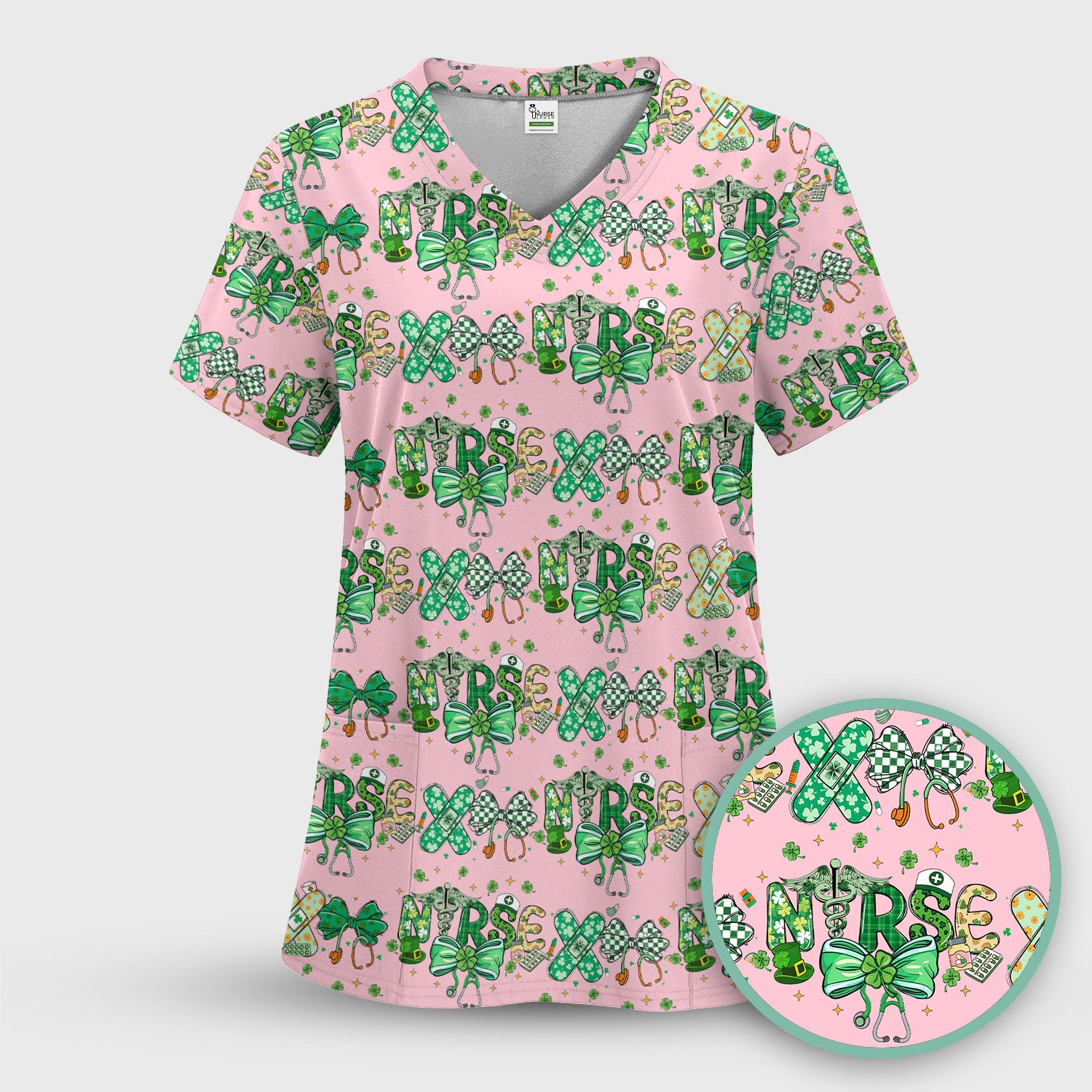 St. Patrick’s Nurse Scrub Top, Lucky Clover And Green Bow Pattern Nurse Shirt, Breathable Fabrics Nursing Uniform