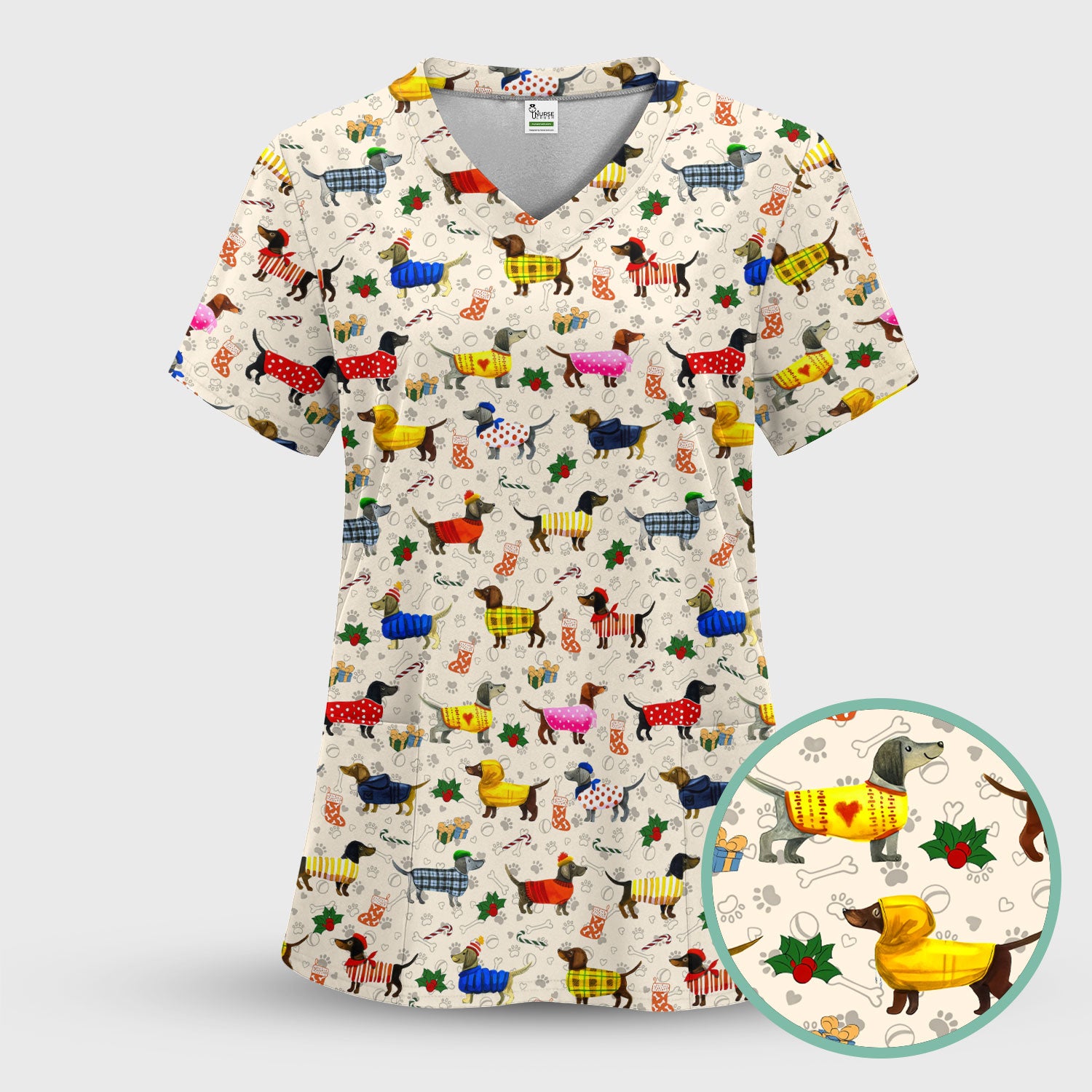 Funny Wiener Dog Scrub Set - Dachshund Paw Prints Nurse Uniform - Comfortable Nursing Pants - Holiday Gift for Her