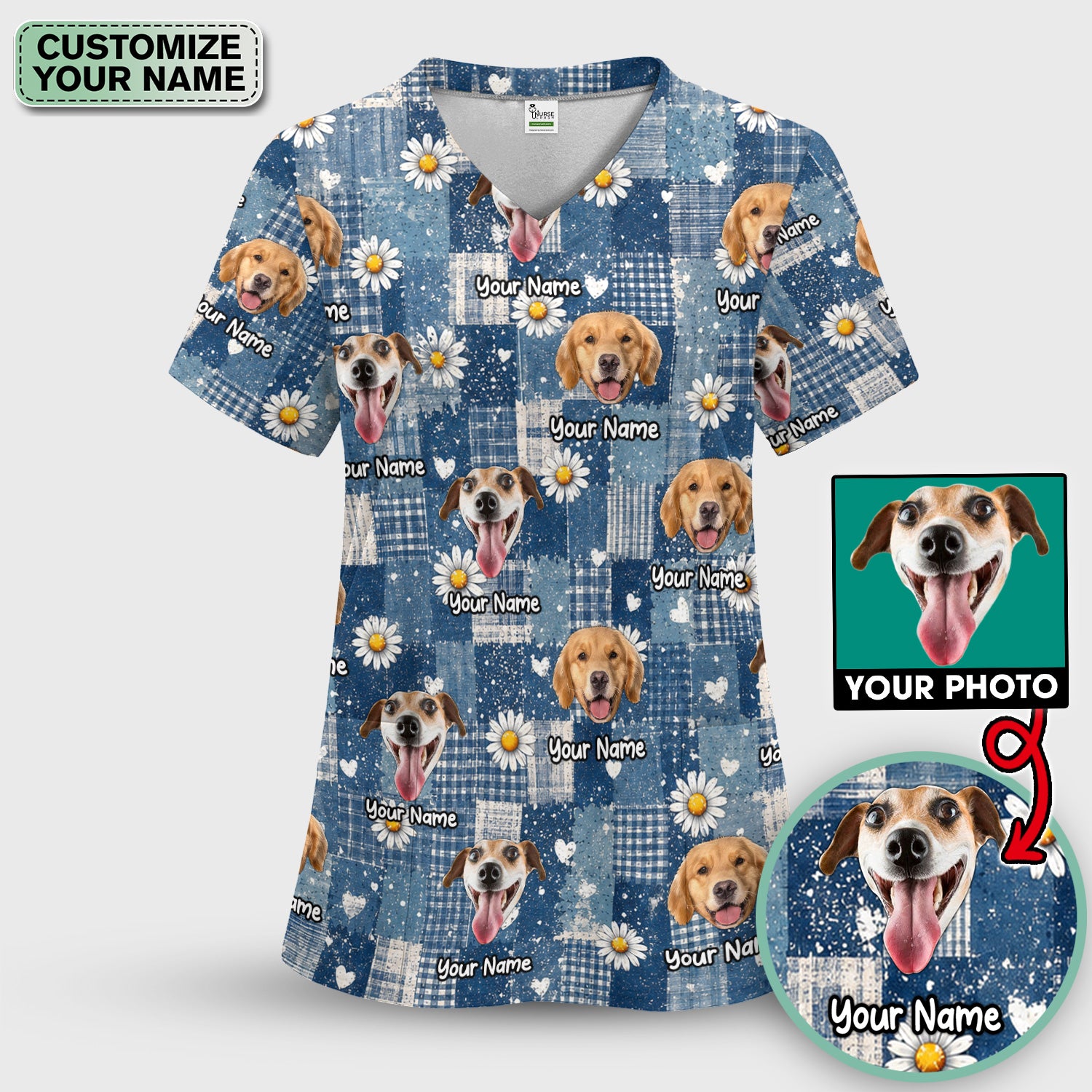 Personalized Cute Dog Portrait On Blue Patchwork Daisy Pattern Scrub Top, Comfortable Scrubs for Nurses