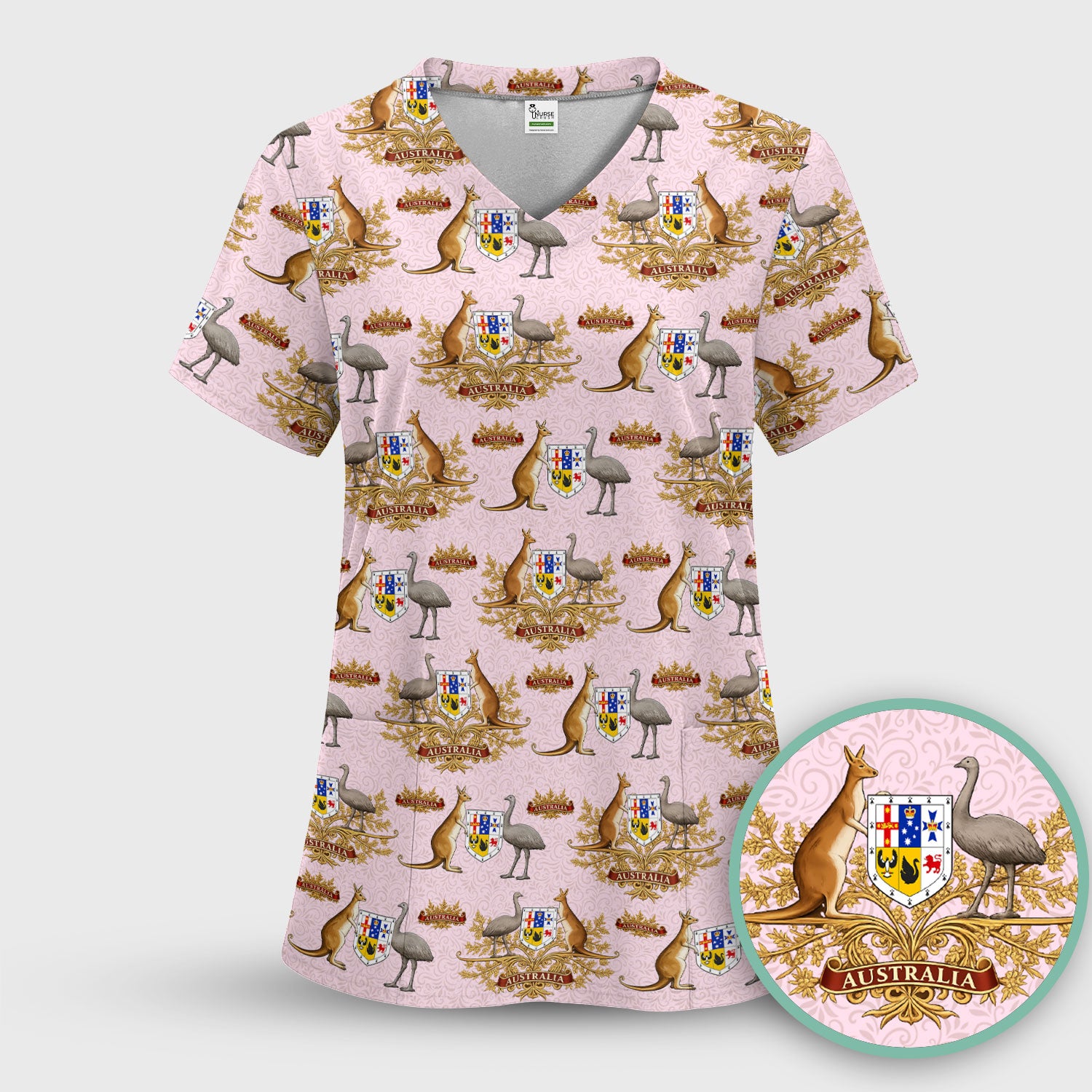Australian Kangaroo Emu Crest Pattern Scrub Top, Comfortable Scrubs for Nurses