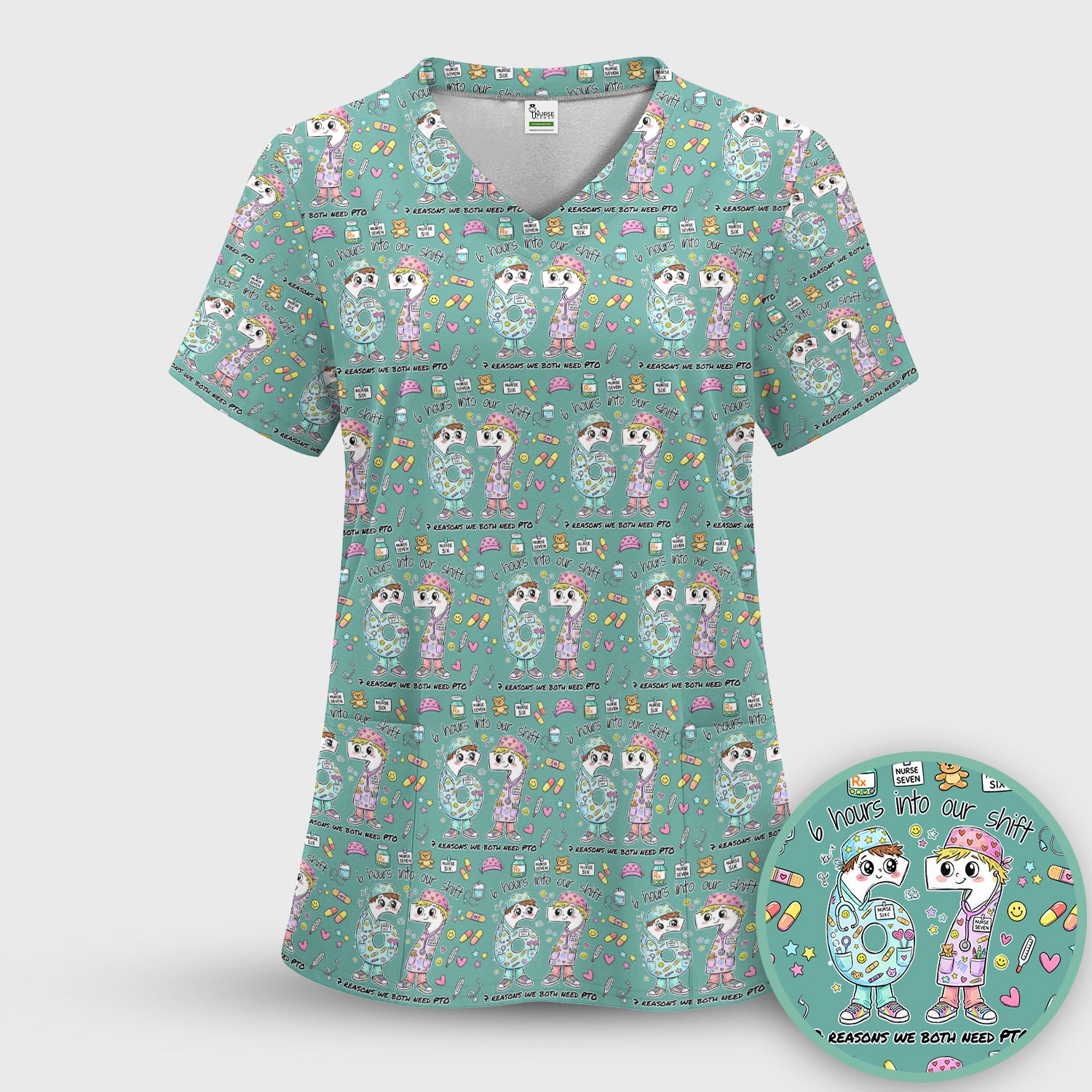 Cartoon Characters Six Hours Into Shift With Medical Doodle Scrub Set, Breathable Med Uniform