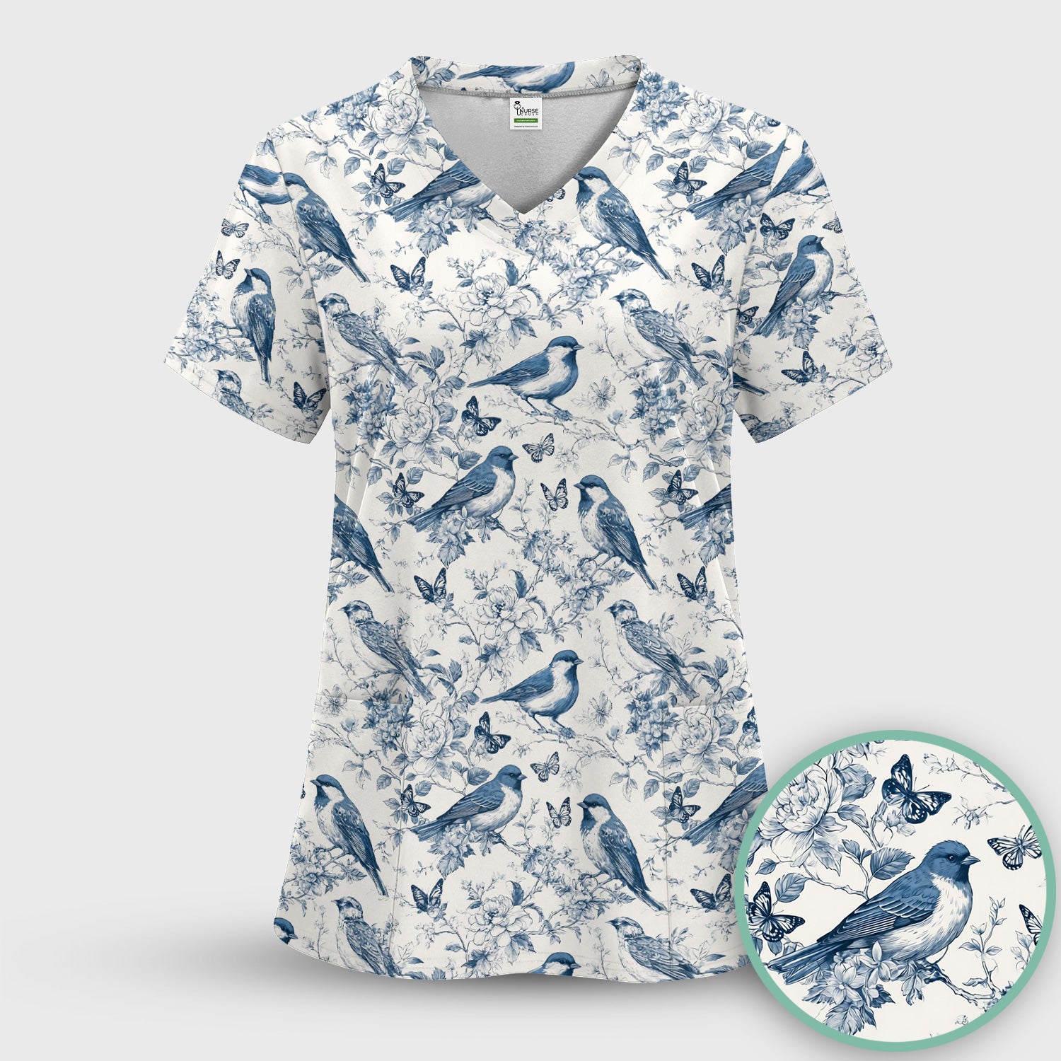 Blue Toile Songbird With Butterfly Print Scrub Top, Comfortable Scrubs for Nurses