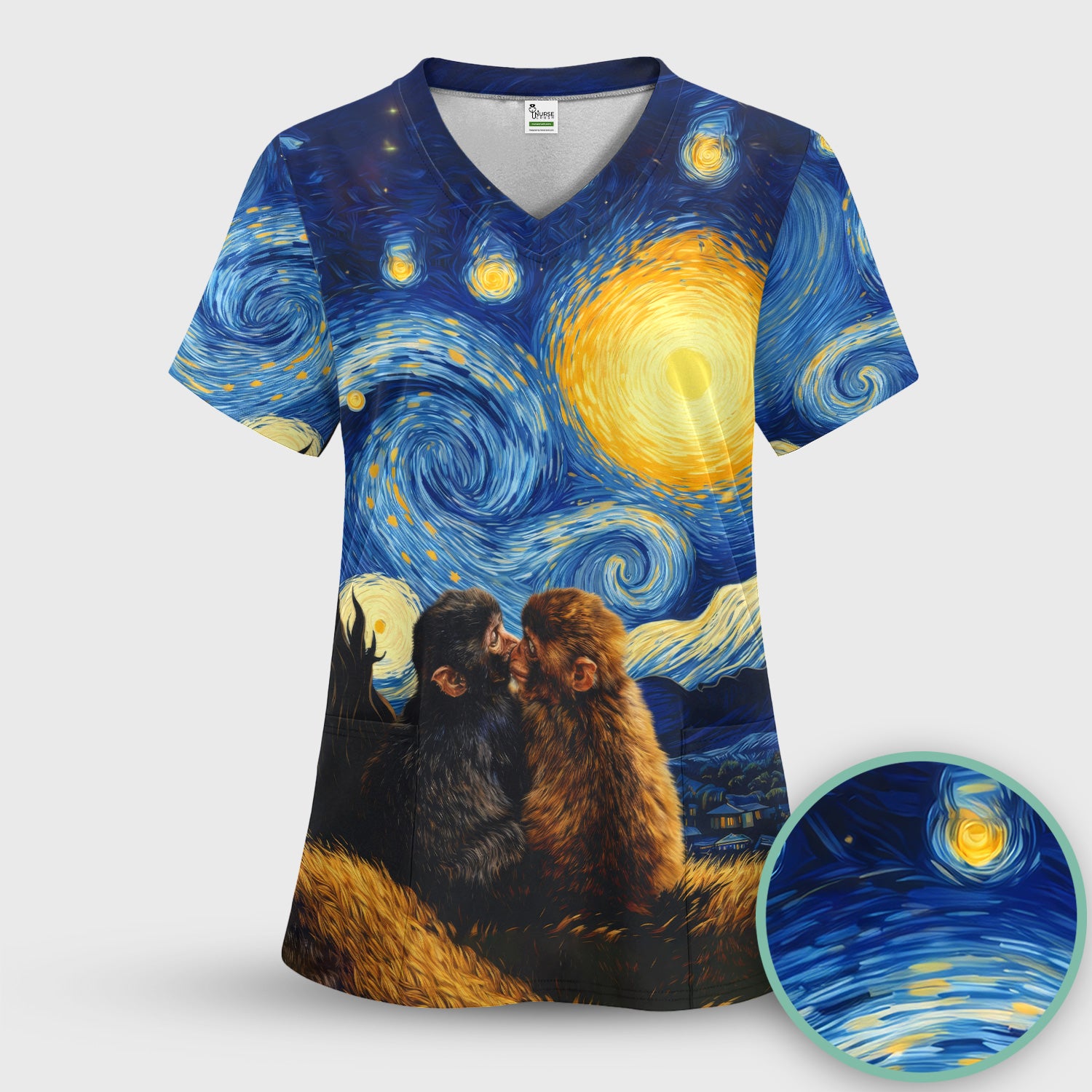 Romantic Monkey Couple Night Sky Pattern Scrub Set, Women's Scrub Sets