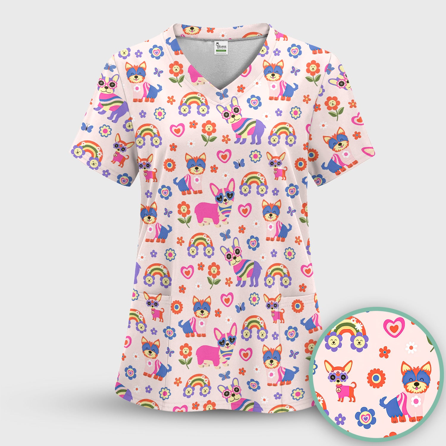 Colorful Cartoon Dogs With Rainbow Flowers Pattern Pattern Scrub Set, Scrub Pants and V Neck Top