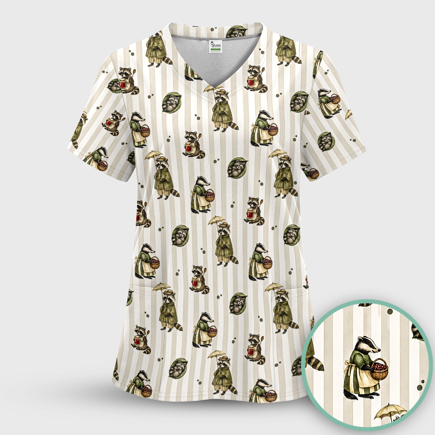 Cute Woodland Raccoon Print Scrub Set, Scrub Pants and V Neck Top