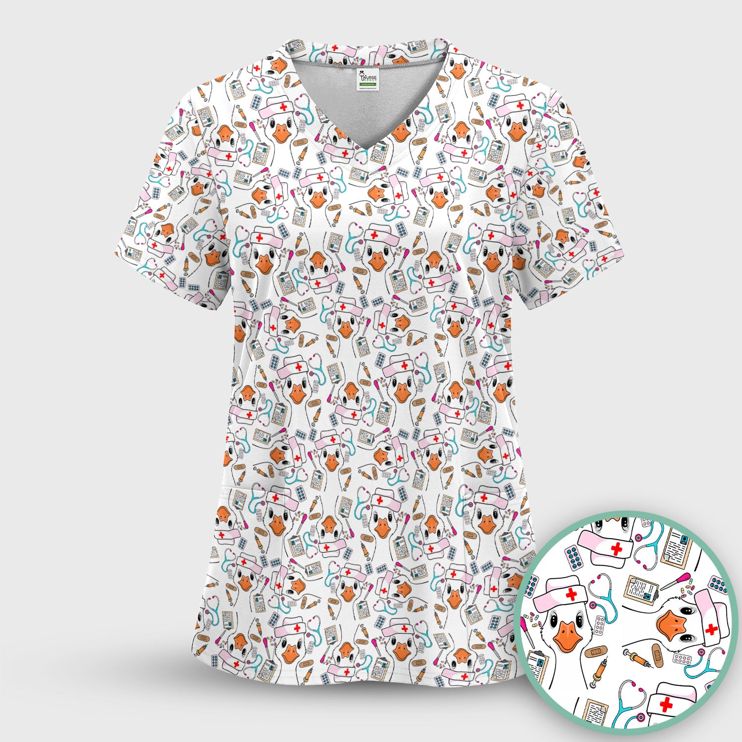 Duck Wearing Hat With Medical Tools Scrub Top, Breathable Fabrics Nursing Uniform
