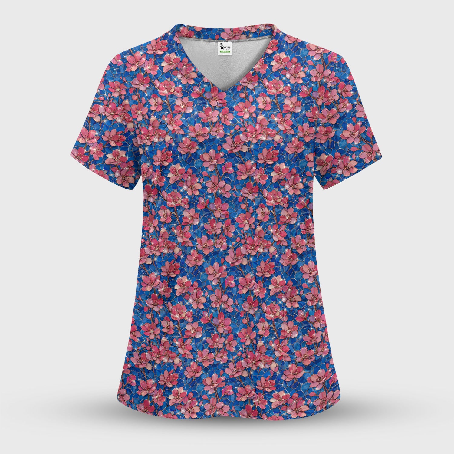 Pink Cherry Blossom Floral Pattern Scrub Set, Breathable Med Uniform