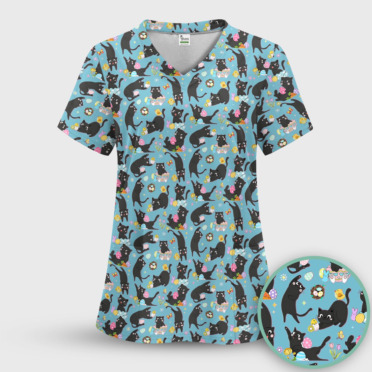 Playful Black Cat Easter Egg Pattern Scrub Top, Comfortable Scrubs for Nurses