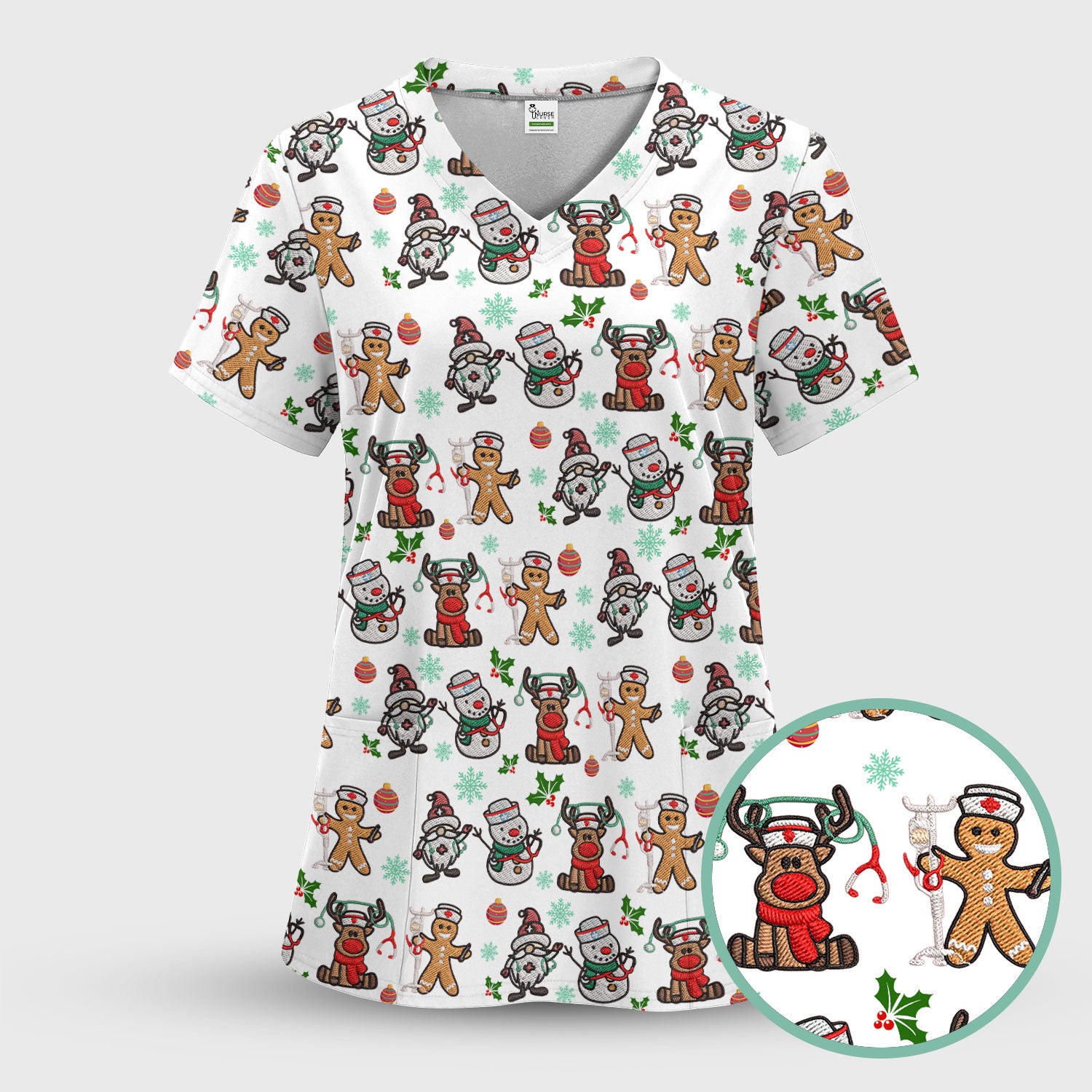 Christmas Gingerbread Scrubs for Women - Comfortable Scrubs for Nurses - Reindeer Santa Med Shirt - Breathable Fabrics Nursing Uniform