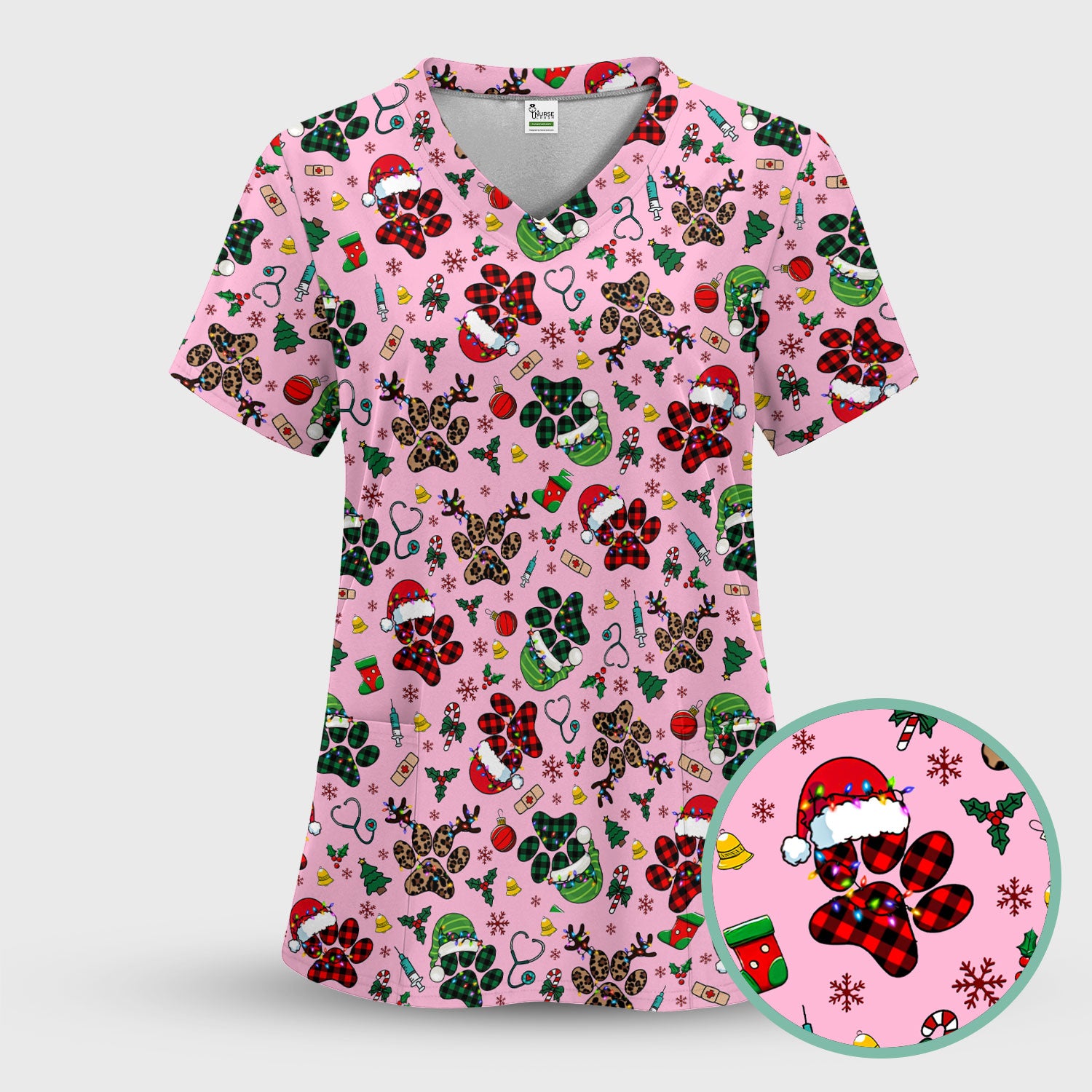 Christmas Paw Print Scrub Top for Nurses - Cute Leopard Holiday Pattern - Funny Festive Medical Uniform Gift