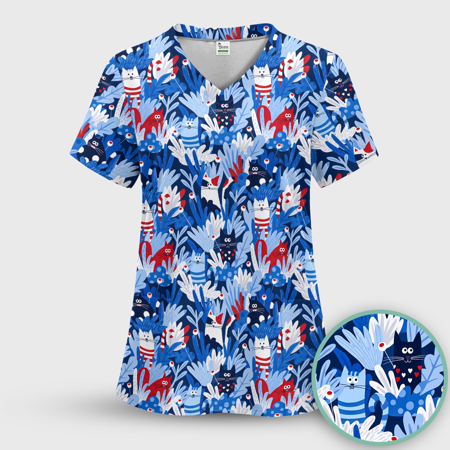 Cute Cats Among Blue Foliage Pattern Scrub Top, Comfortable Scrubs for Nurses