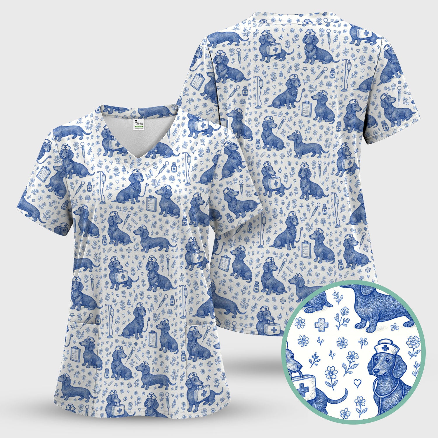 Vintage Dachshund Scrub Set - Artistic Dog Pattern Medical Scrubs - Cute Pet Lover Nurse Gift for Women