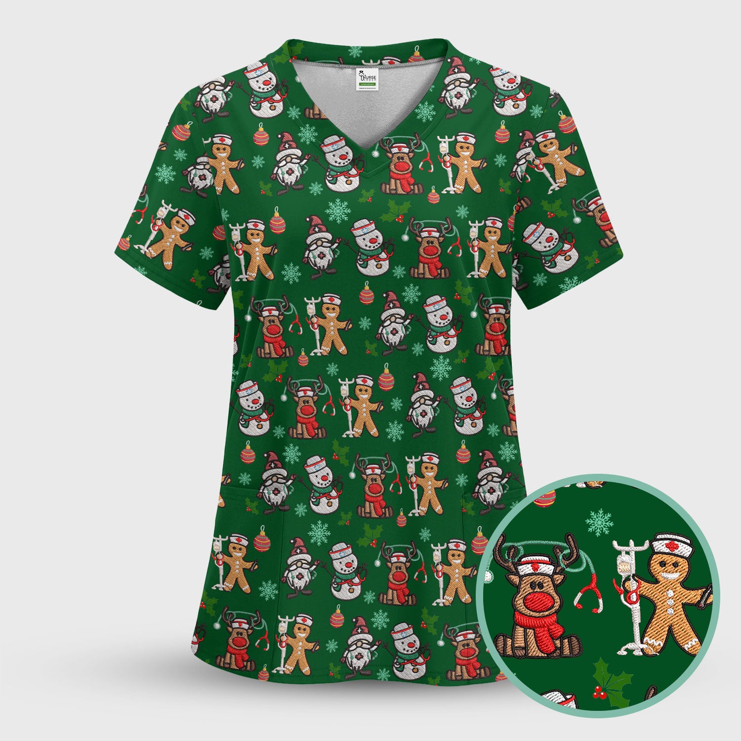 Reindeer Christmas Women's Scrub Sets - Gingerbread Cookies and Santa Claus Medical Uniform - Comfortable Scrubs for Nurses