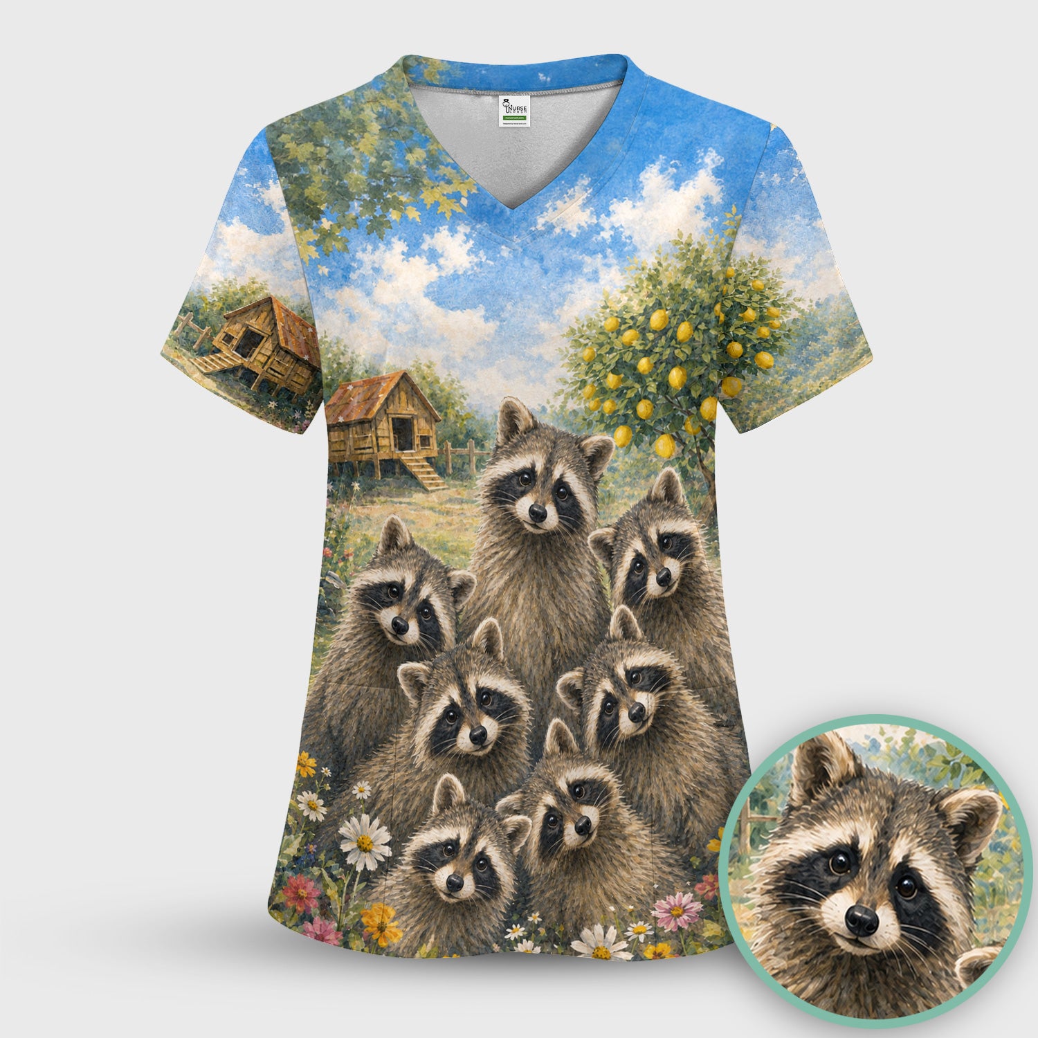 Adorable Raccoon Family Garden Pattern Scrub Set, Scrub Pants and V Neck Top