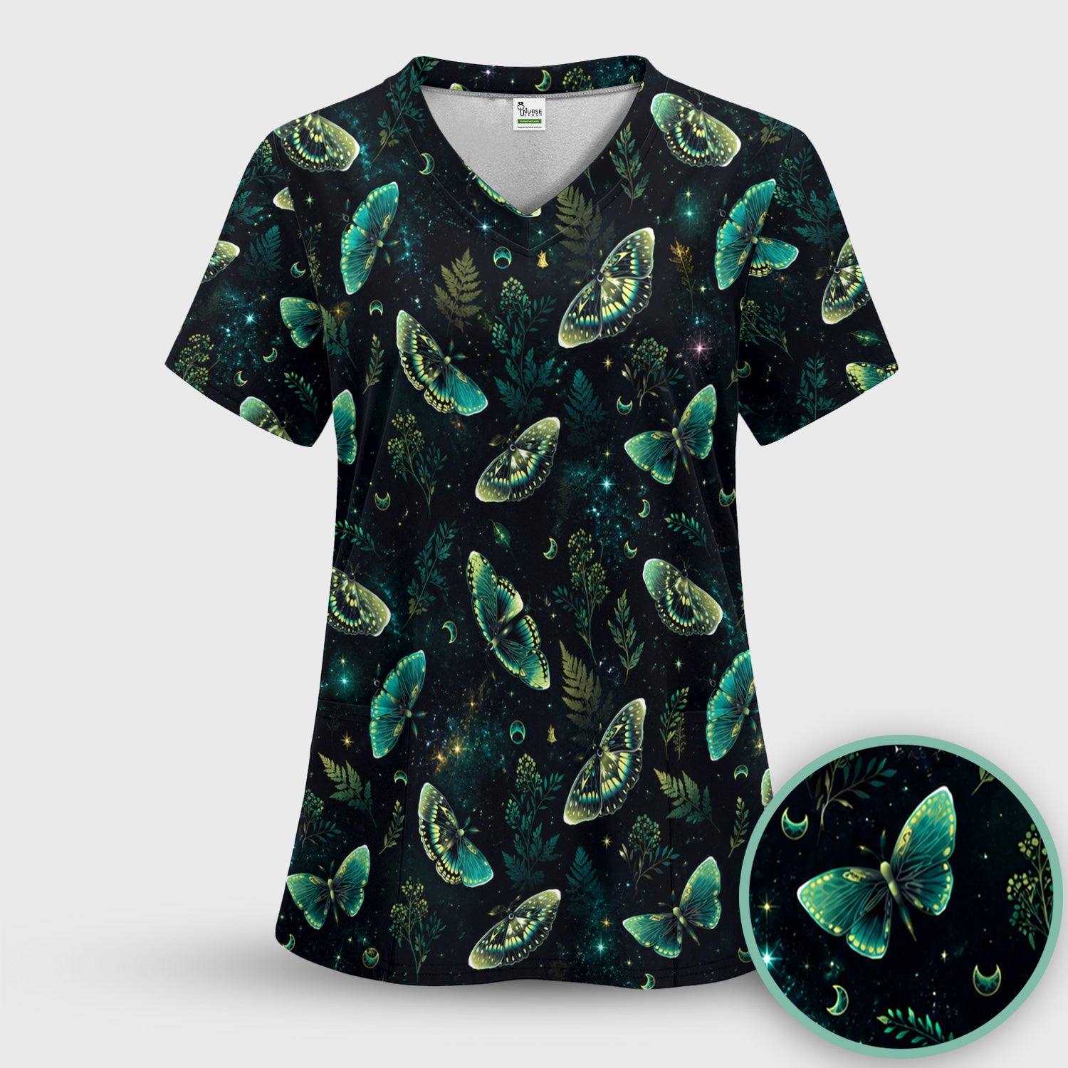 Mystical Moonlight Butterfly Garden Pattern Scrub Top, Comfortable Scrubs for Nurses