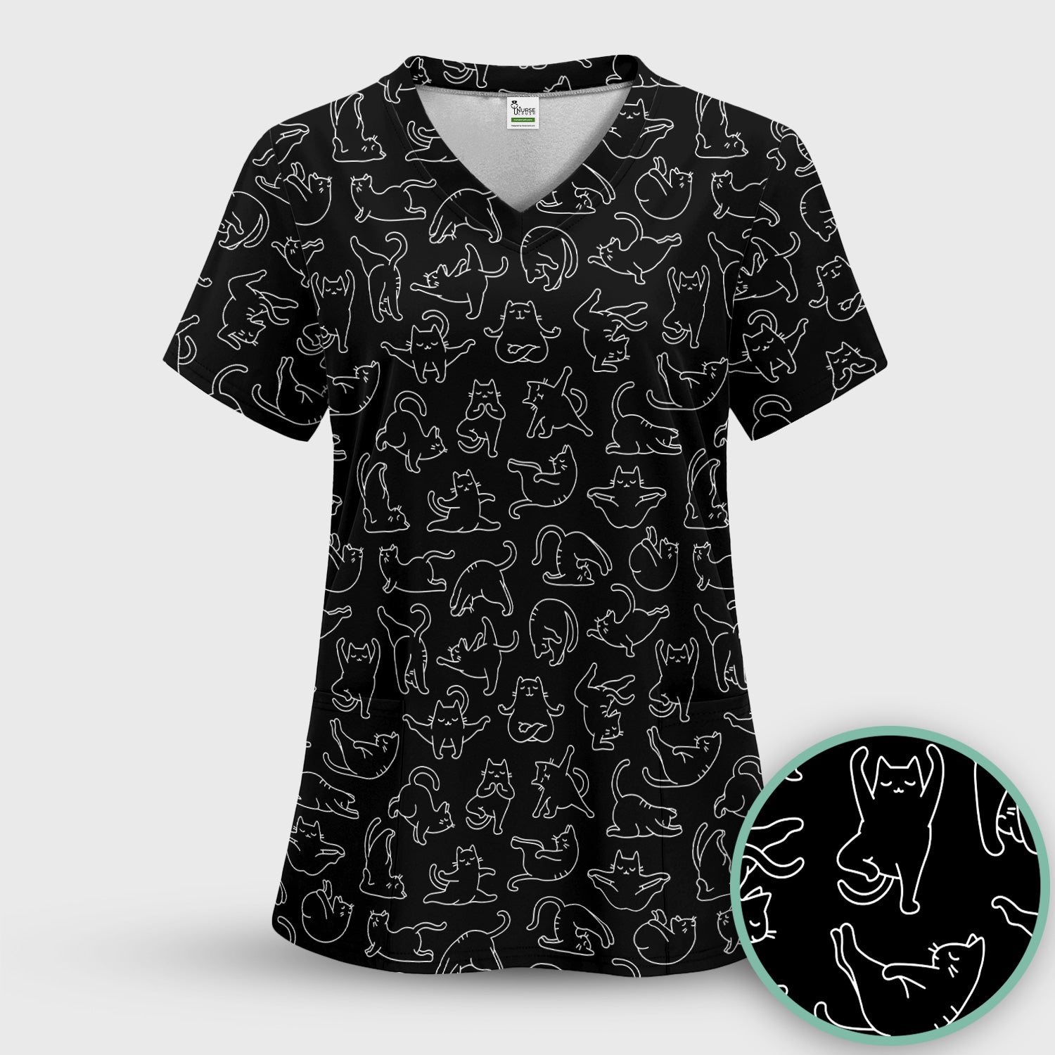 Cute Cat Outline Playing Pattern Scrub Top, Colorful Gothic Nurse Scrubs Uniform