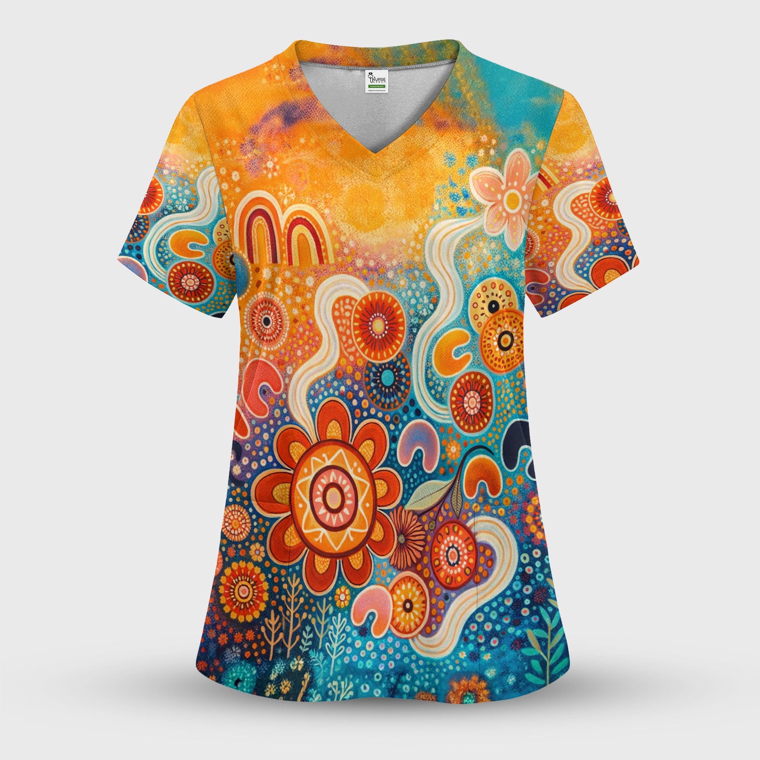 Australian Dot Art Inspired Scrub Top, Artistic Boho Pattern Nurse Shirt, Comfortable Scrubs For Nursing