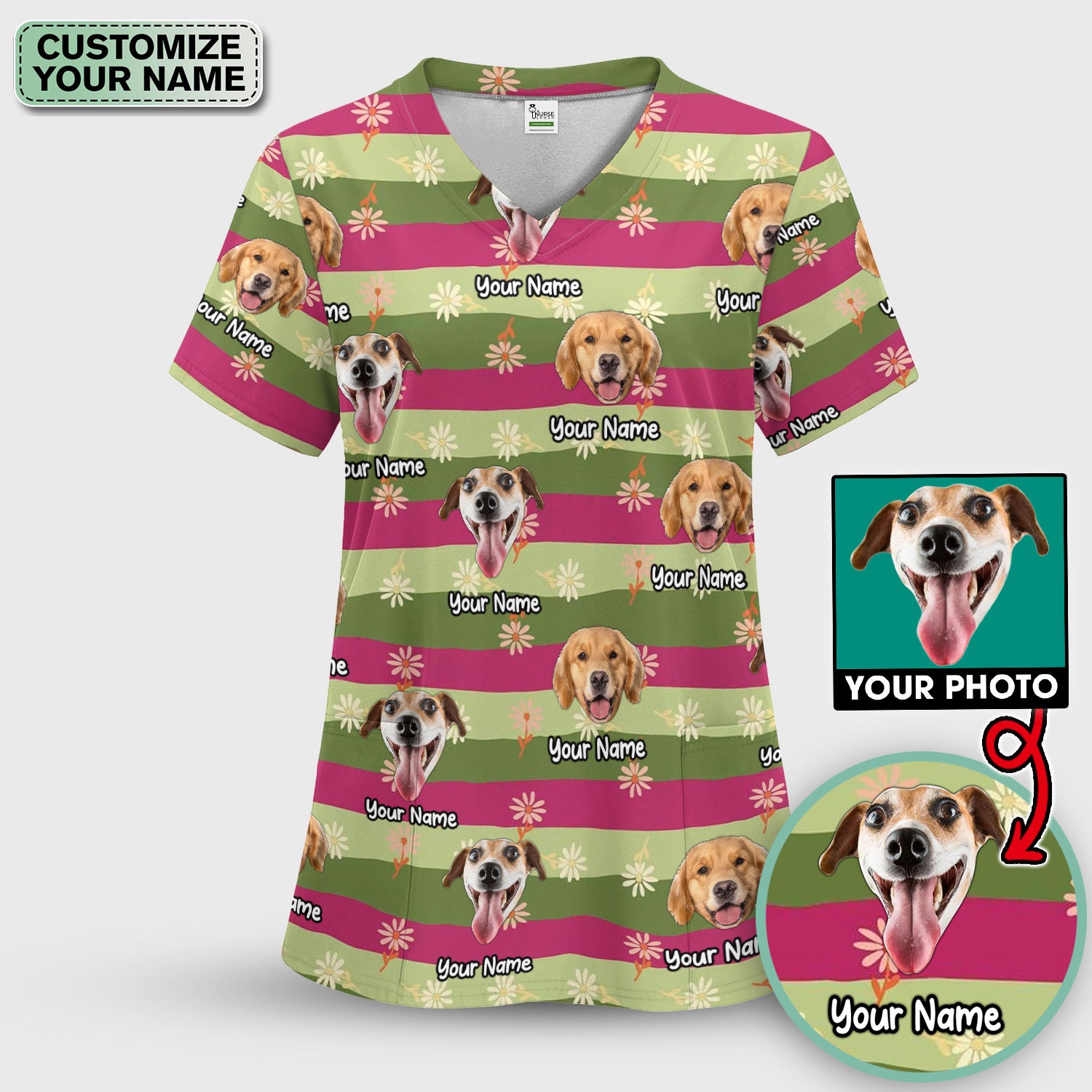 Personalized Floral Dog Portrait With Spring Stripes Pattern Scrub Top, Comfortable Scrubs for Nurses