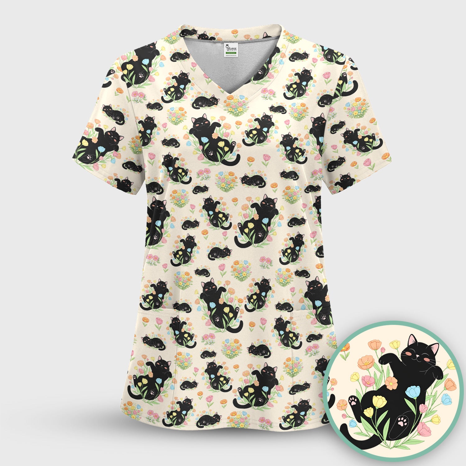 Cats With Cute Poses Floral Pattern Scrubs Top, Comfortable Scrubs for Nurses
