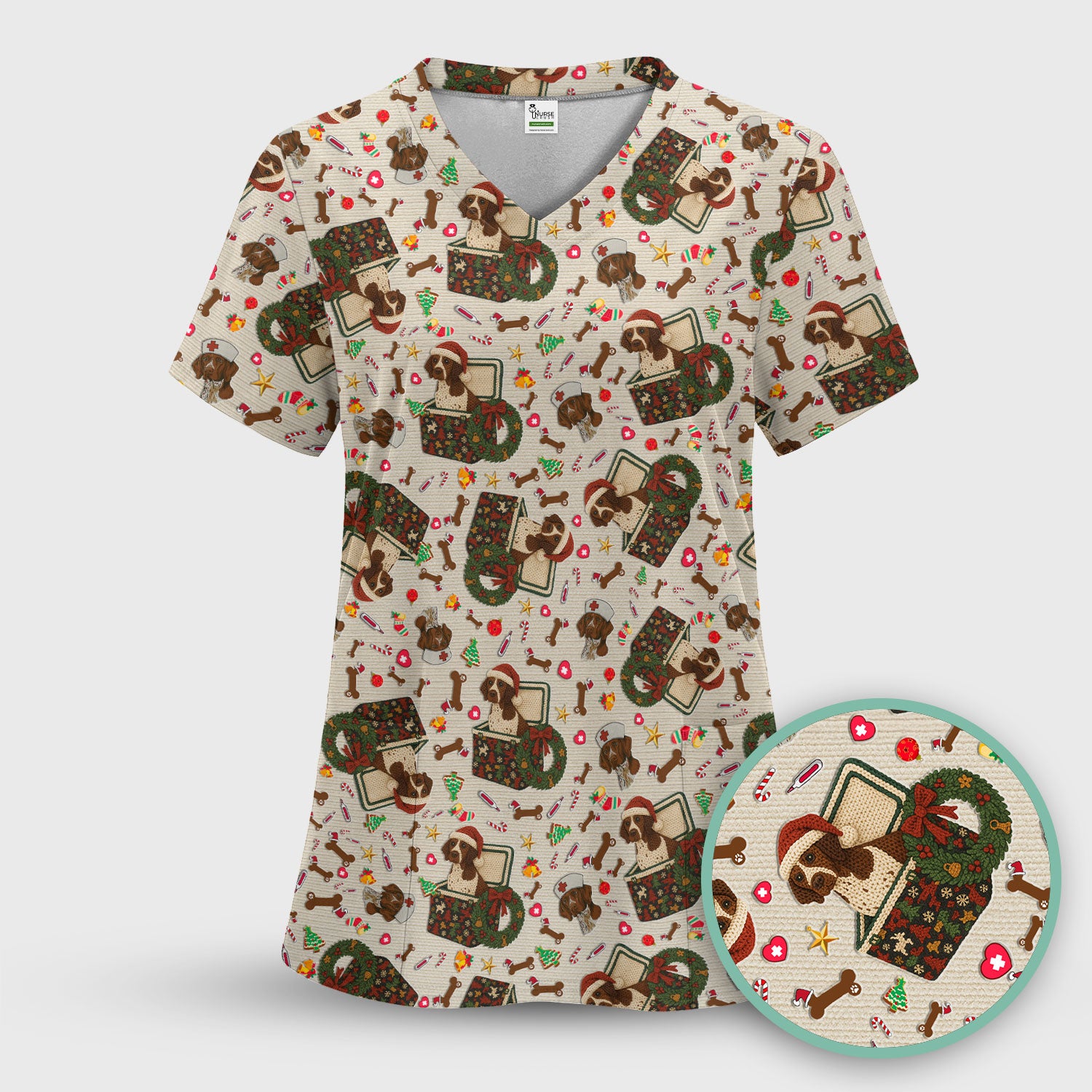 Funny Christmas Dog Scrub Top – Cute Pet Lover Holiday Pattern – Festive Medical Uniform for Nurses and Animal Care Workers