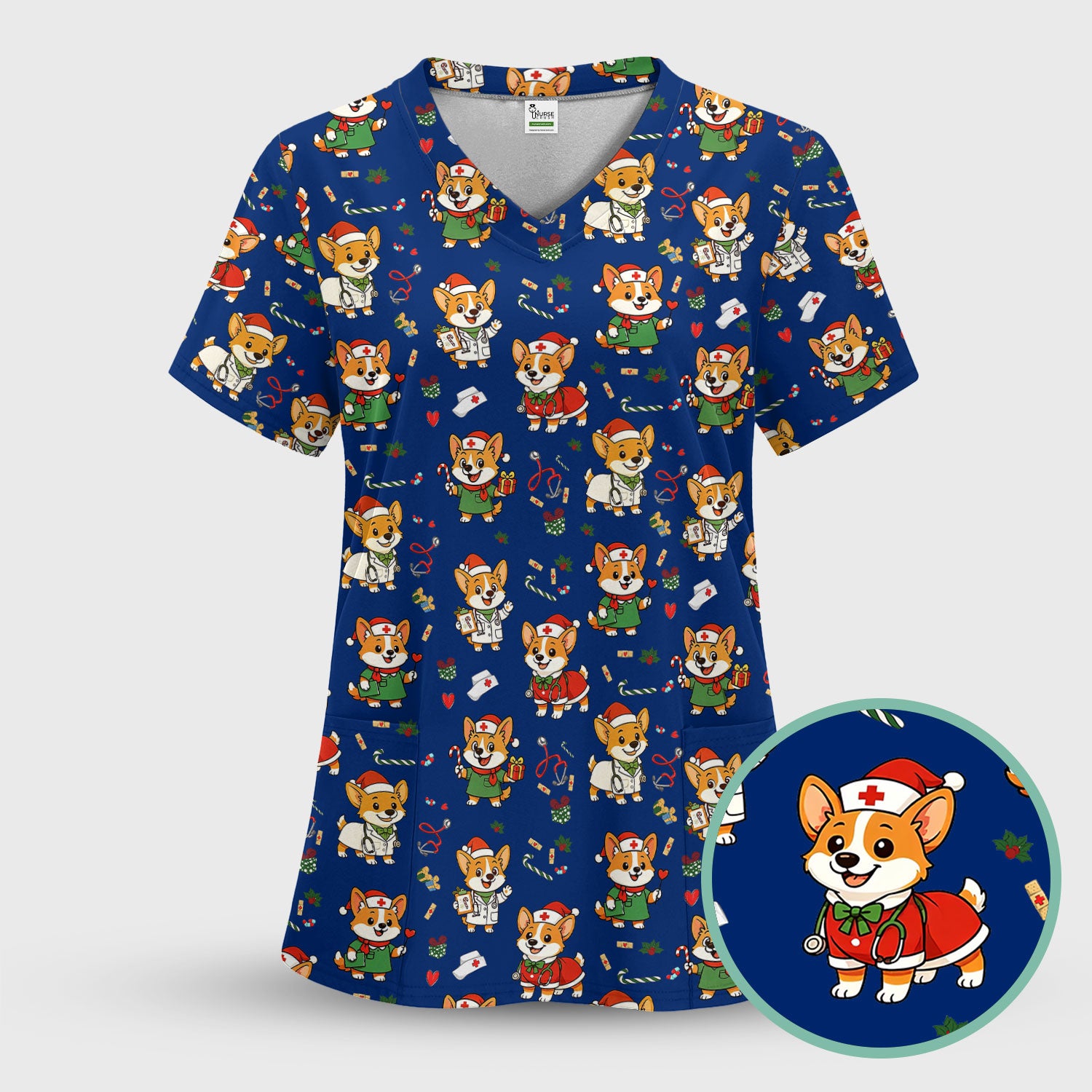 Festive Corgi Christmas Scrub Top - Cute Pet Nurse Shirt - Funny Holiday Medical Uniform for Women RN CNA LPN Gift