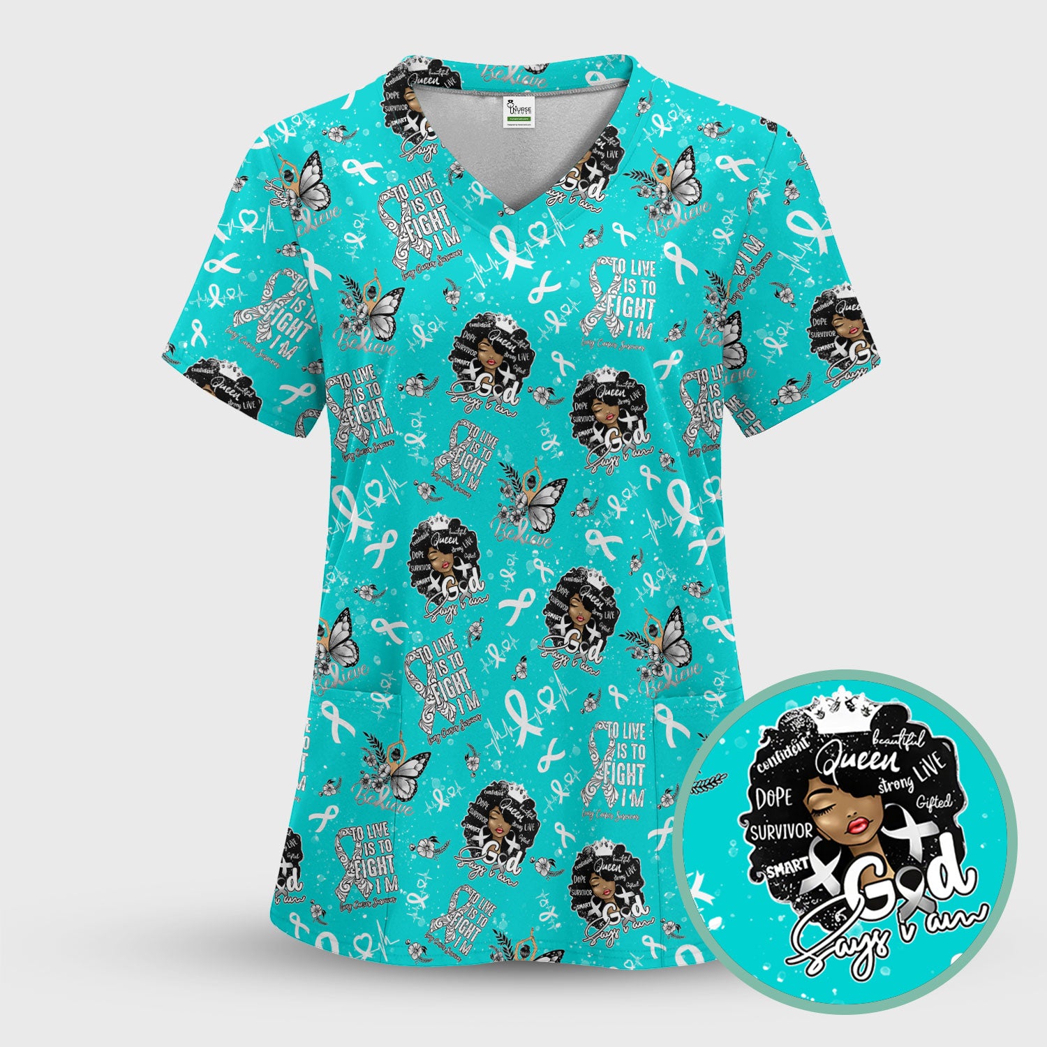 Cancer Awareness Scrub Top - Black Women Survivor Faith in God Nurse Shirt - Inspirational Gift for Fighters Supporters Caregivers
