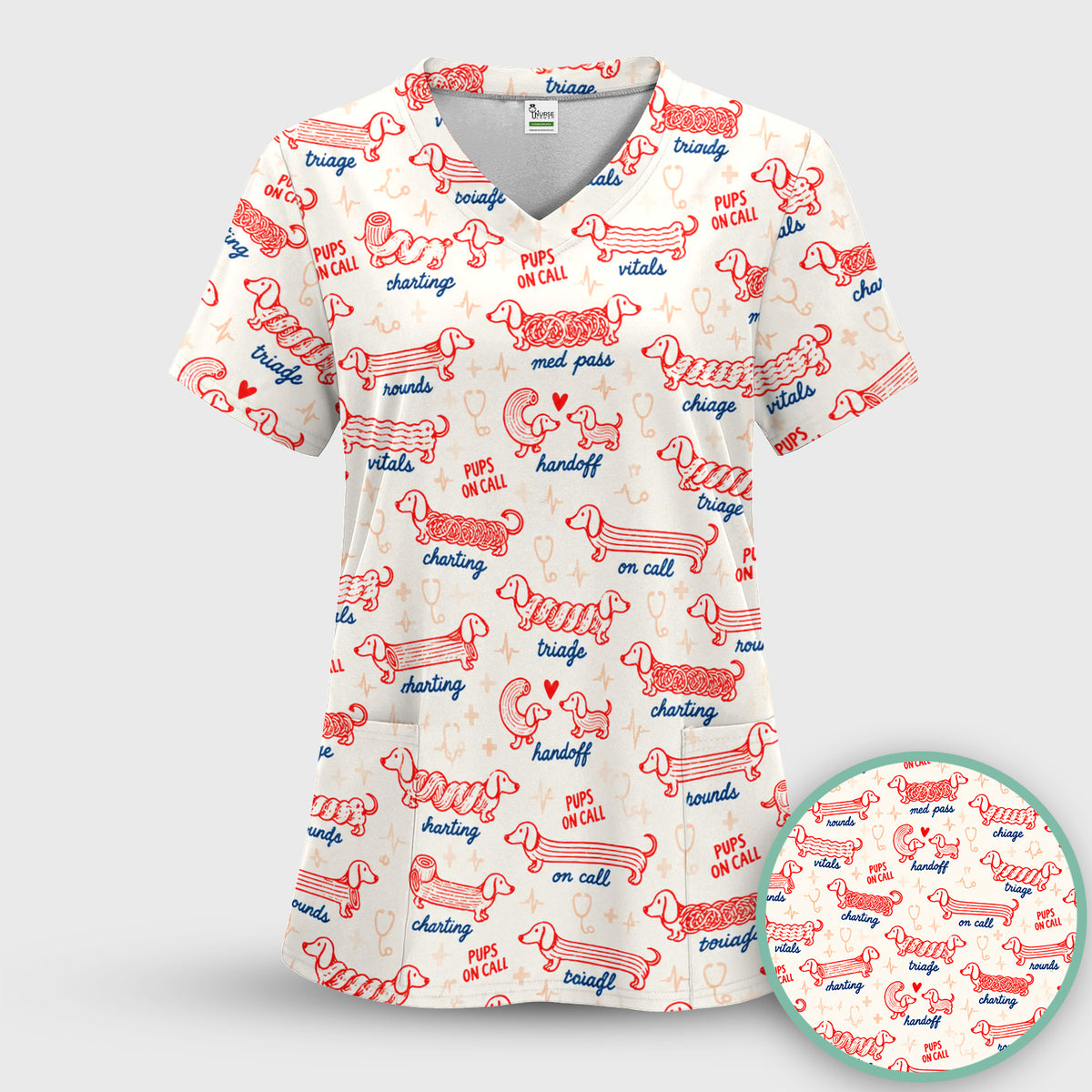 Cute Pups On Call Dachshund Pattern Scrub Top, Comfortable Scrubs for Nurses