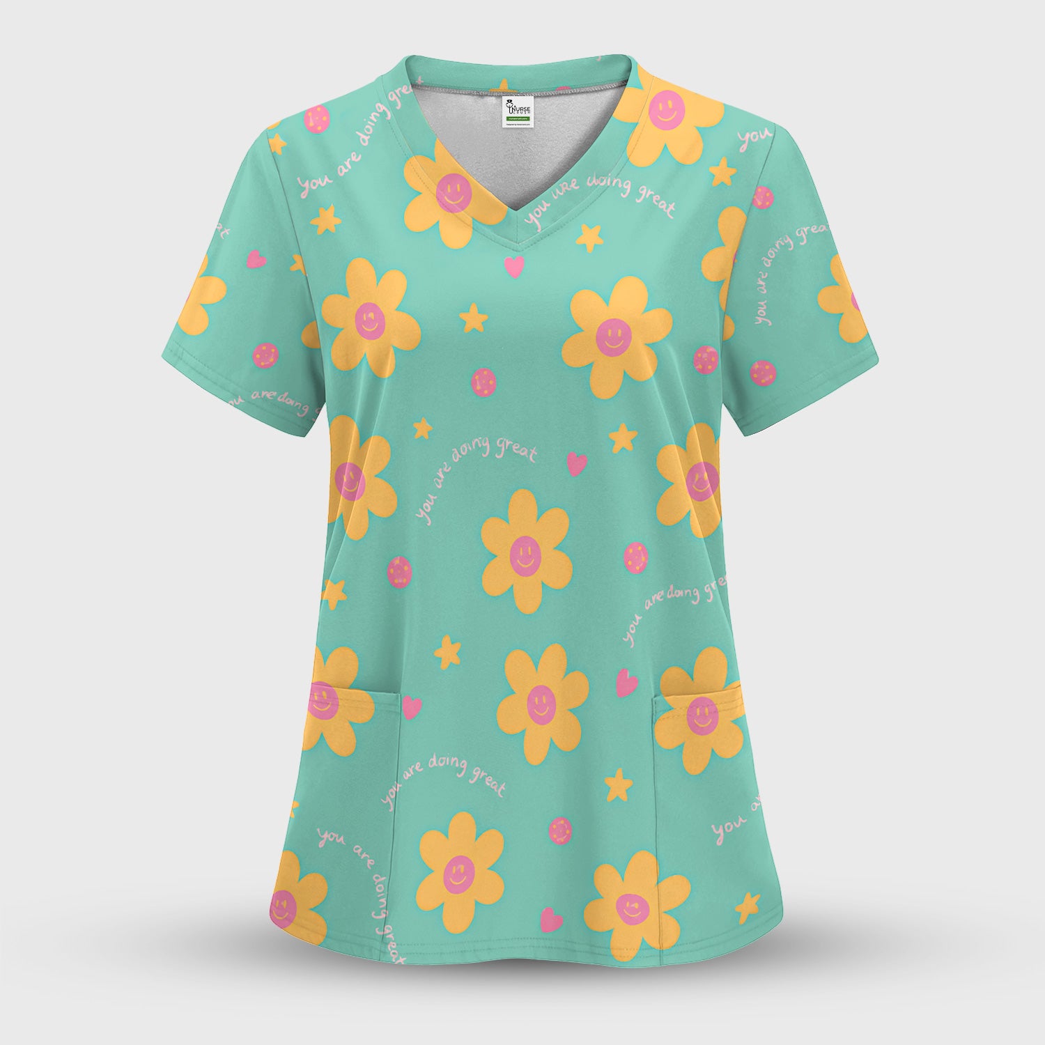 Cheerful Smiley Flower Pattern, Positive Medical Scrub Set, Scrub Pants and V Neck Top