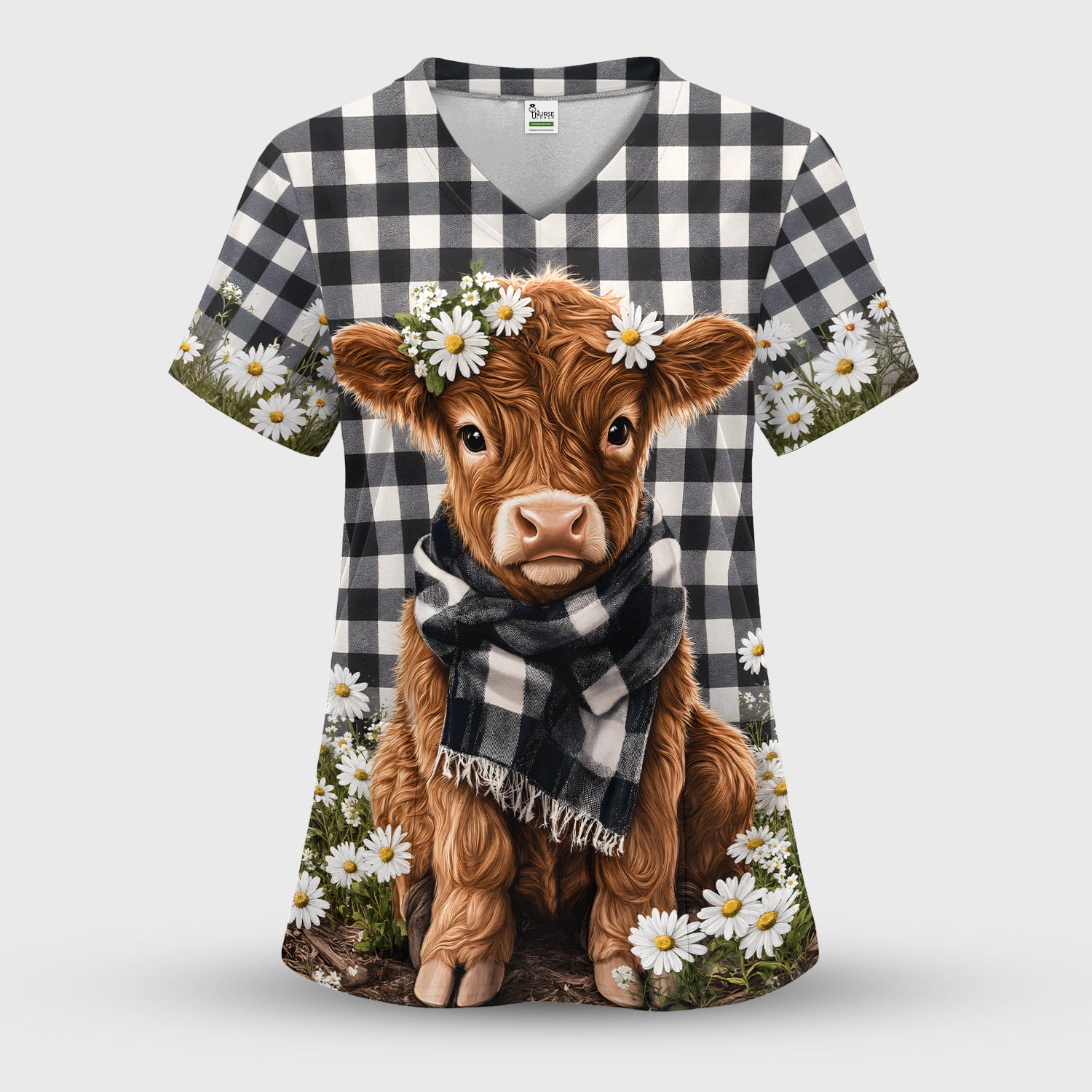Highland Cow Daisy Pattern Scrub Top, Comfortable Scrubs for Nurses