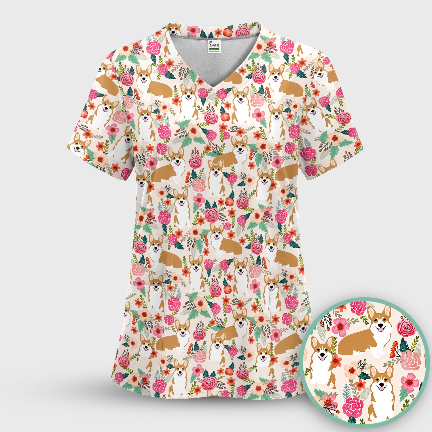 Cute Corgi Dog Floral Garden Pattern Nurse Scrub Top, Comfortable Scrubs for Nurses