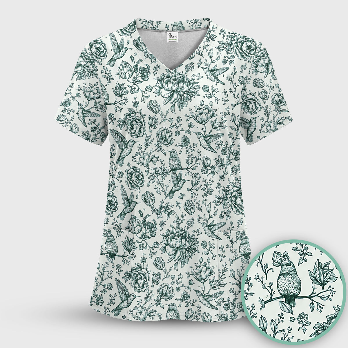 Vintage Hummingbird Pattern Scrub Set, Scrub Pants and V Neck Top