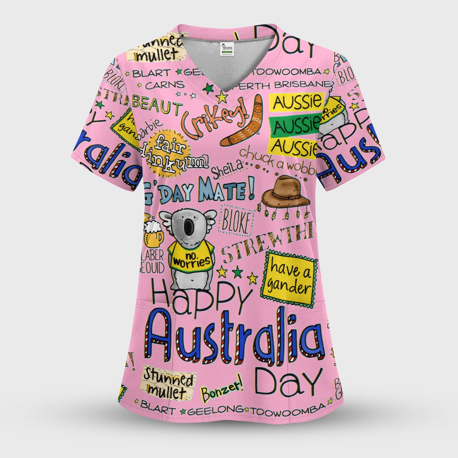 Cute Cartoon Koala Australia Pattern Scrub Top, Breathable Fabrics Nursing Uniform