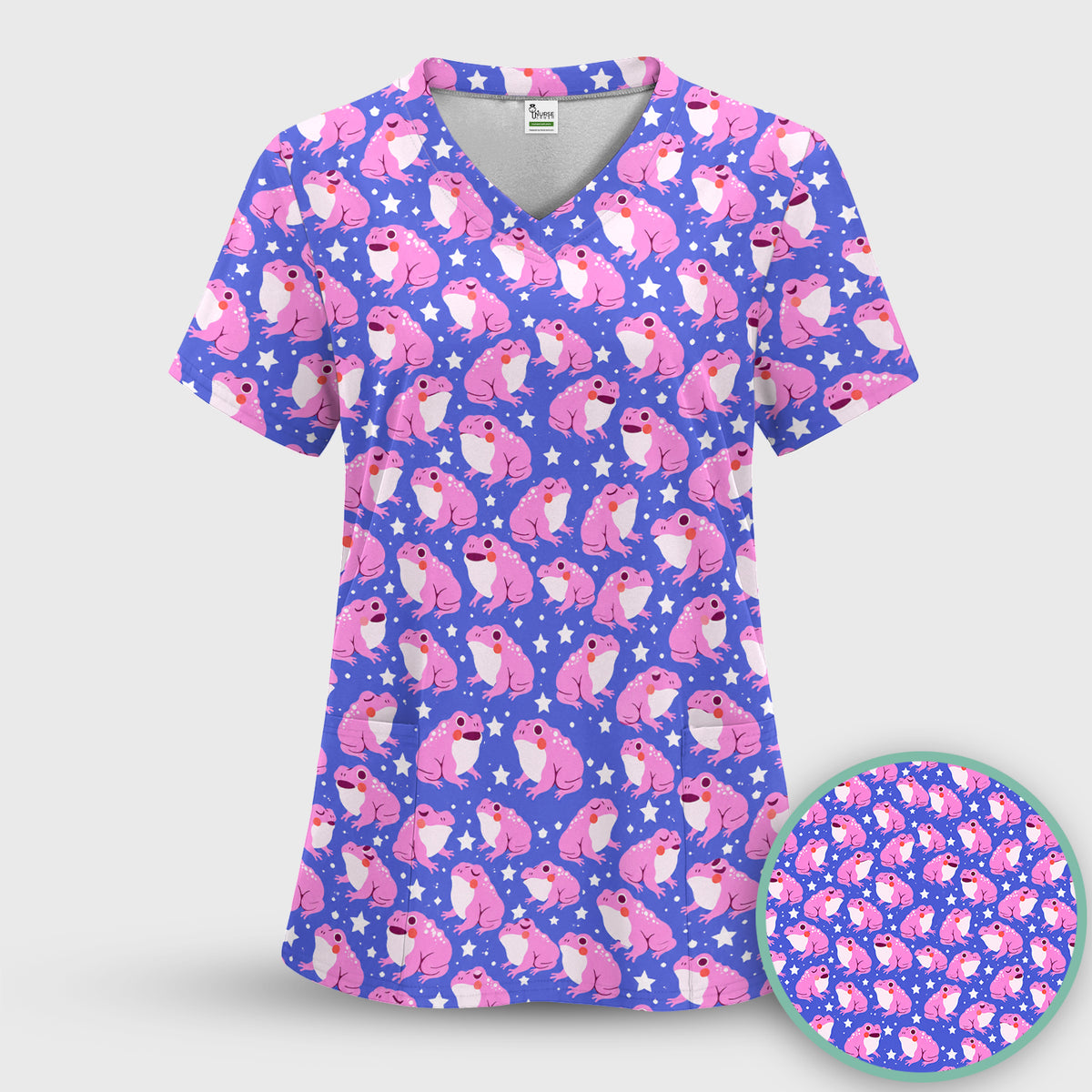 Cute Pink Frogs with Stars Pattern Scrub Top, Comfortable Scrubs for Nurses