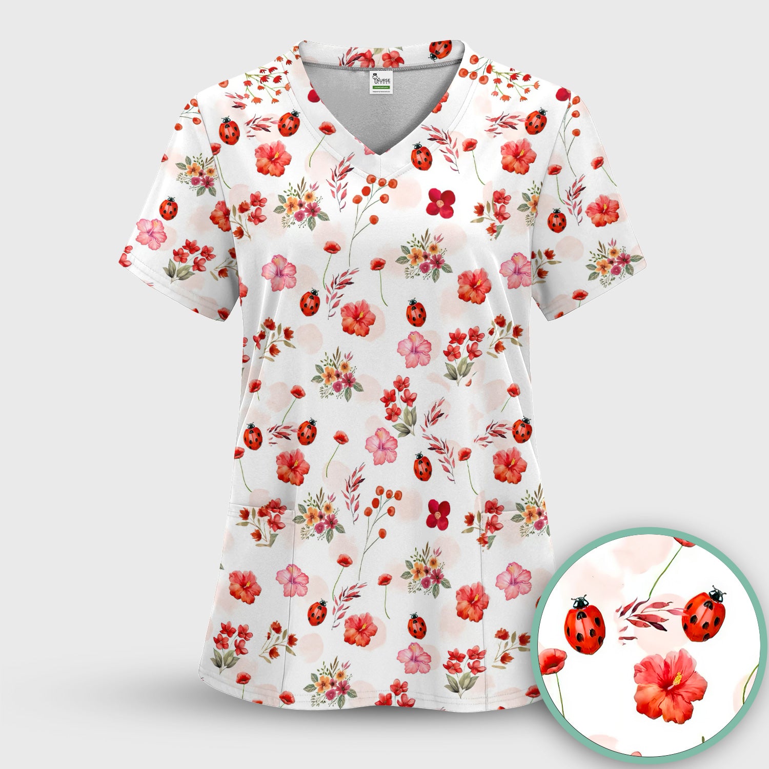 Red Ladybug Floral Garden Pattern Scrub Top, Comfortable Scrubs for Nurses