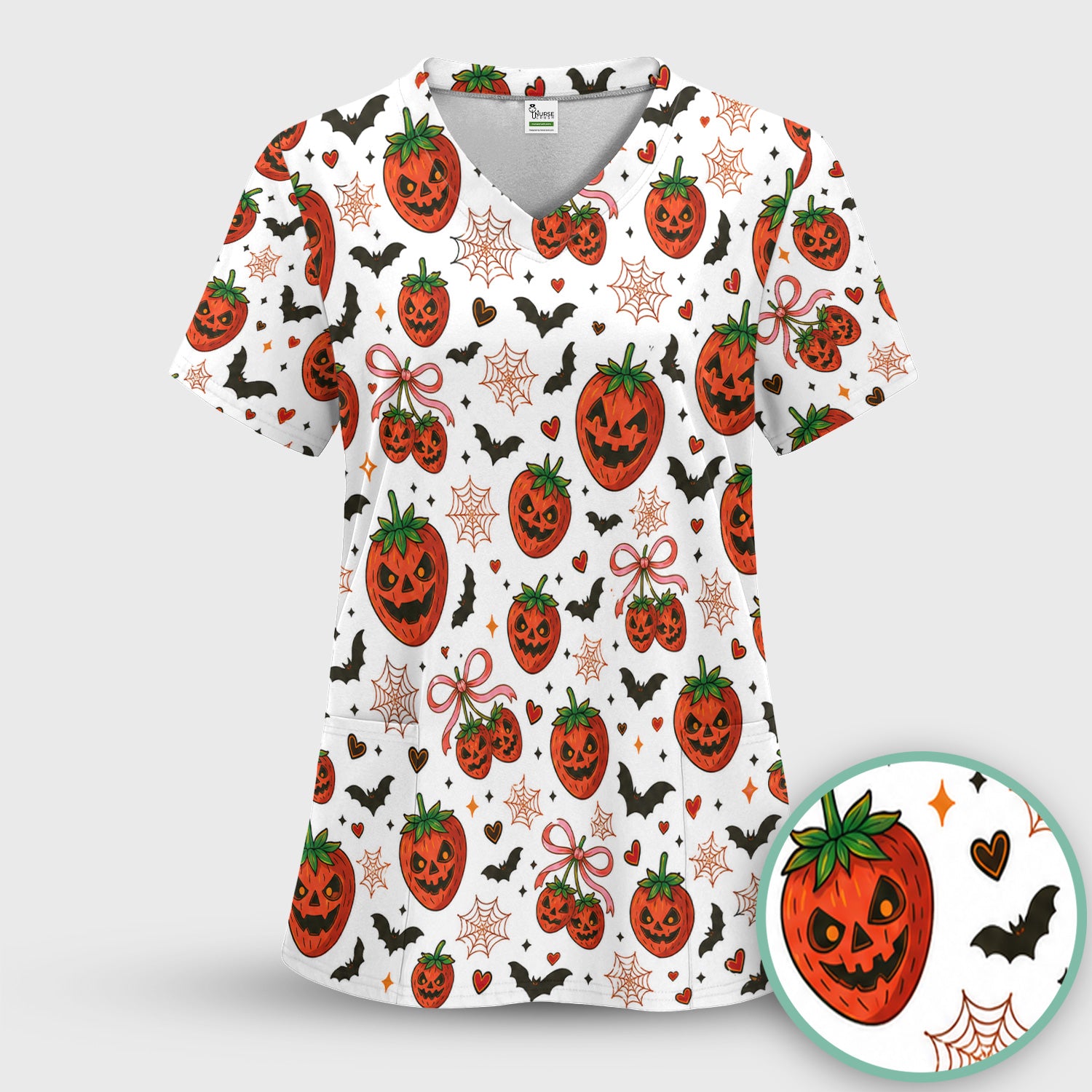 Sweet Halloween Strawberry Jack O Lanterns Scrub Set, Scrub Pants and V Neck Top