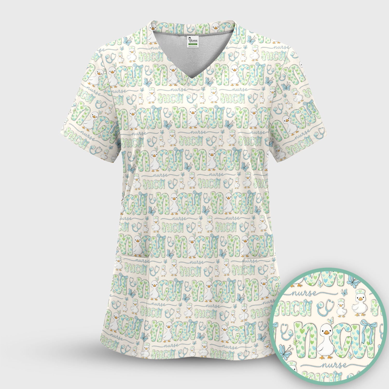 NICU Nurse Duck Pattern Scrub Set, Scrub Pants and V Neck Top