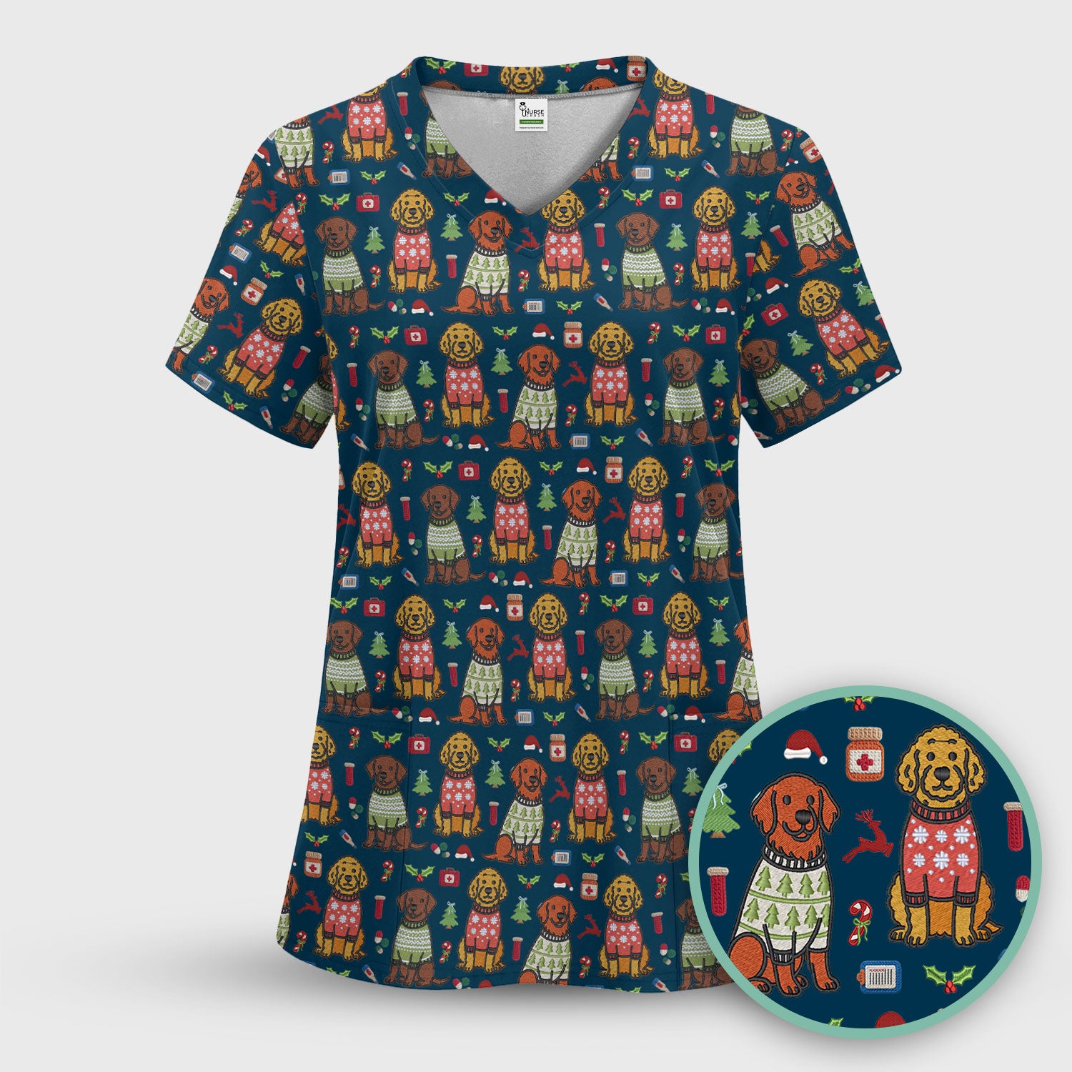 Golden Retriever Christmas Scrub Top, Cute Holiday Dog Nurse Pattern Shirt, Breathable Fabrics Nursing Uniform