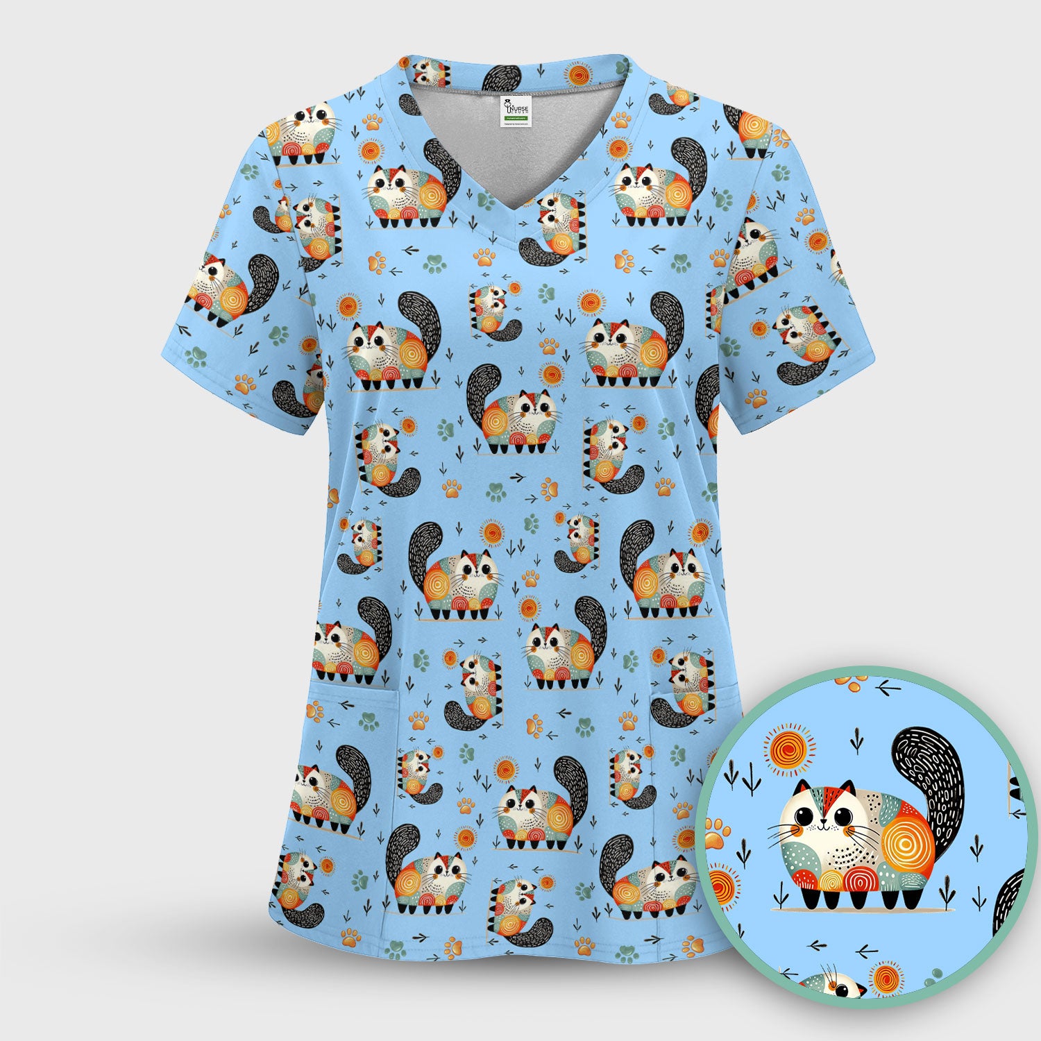 Playful Cat Illustration Nurse Scrub Top, Comfortable Scrubs for Nurses